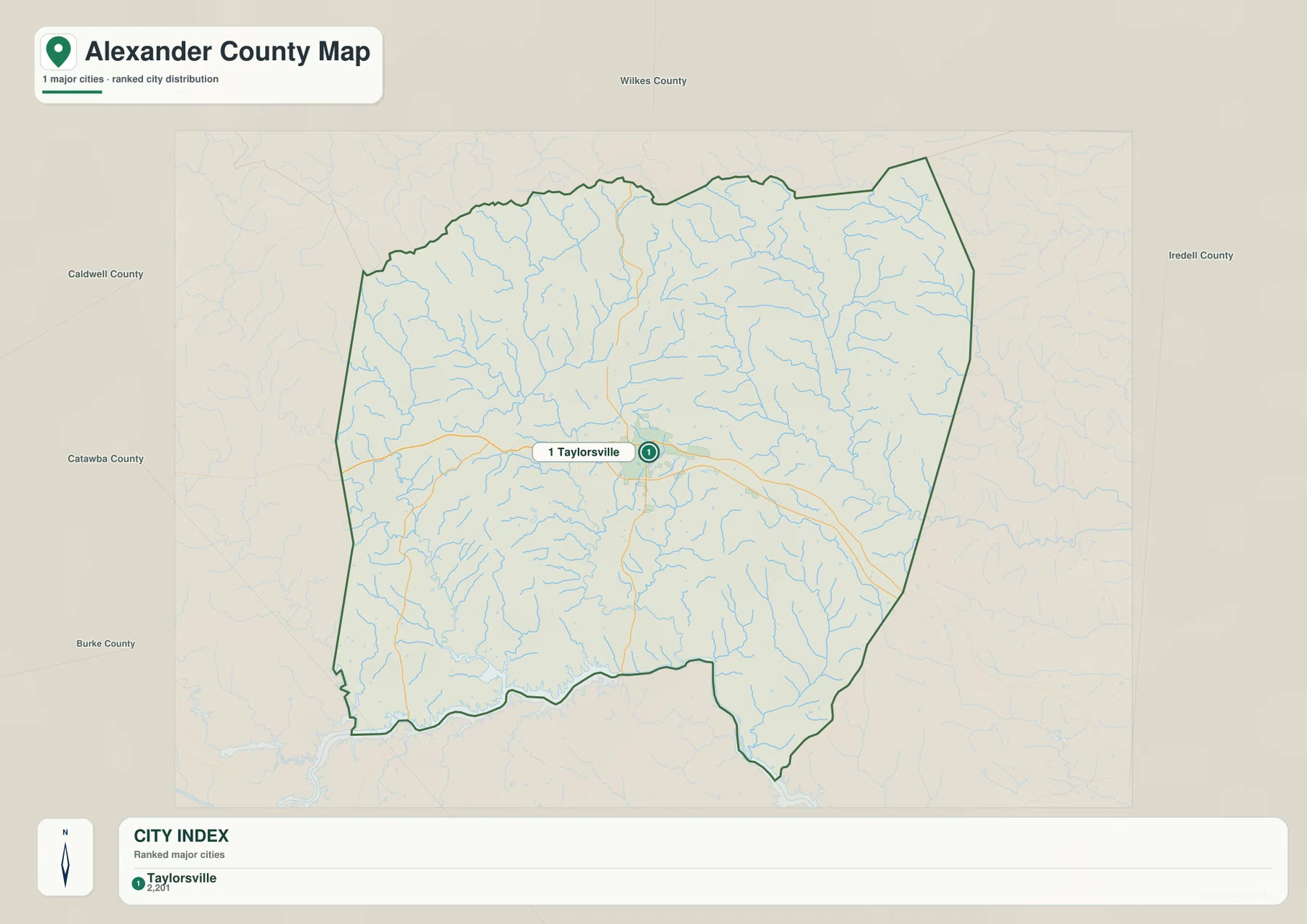 City map of Alexander County North Carolina highlighting Taylorsville and the surrounding county directions