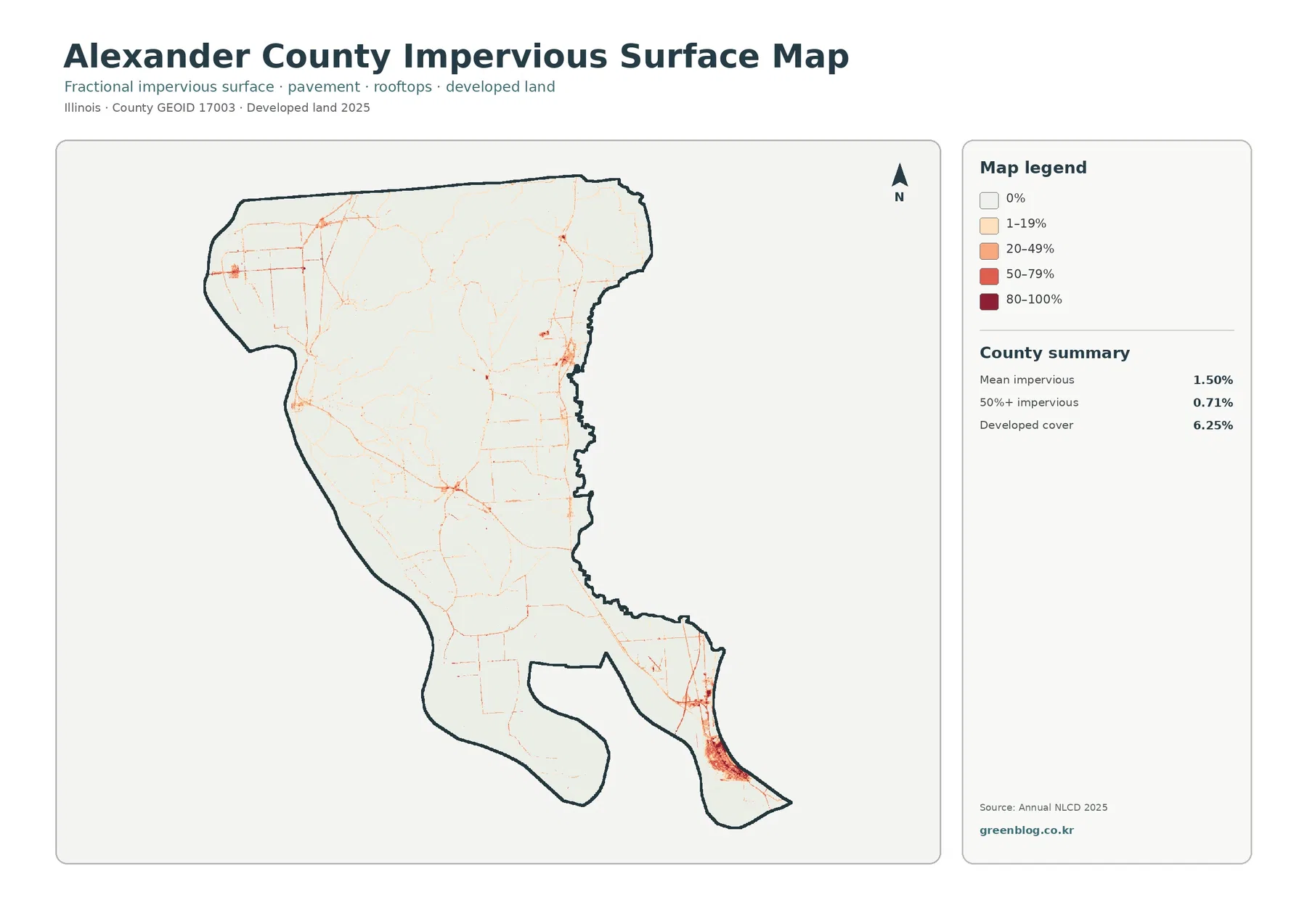 Alexander County impervious surface and developed land map