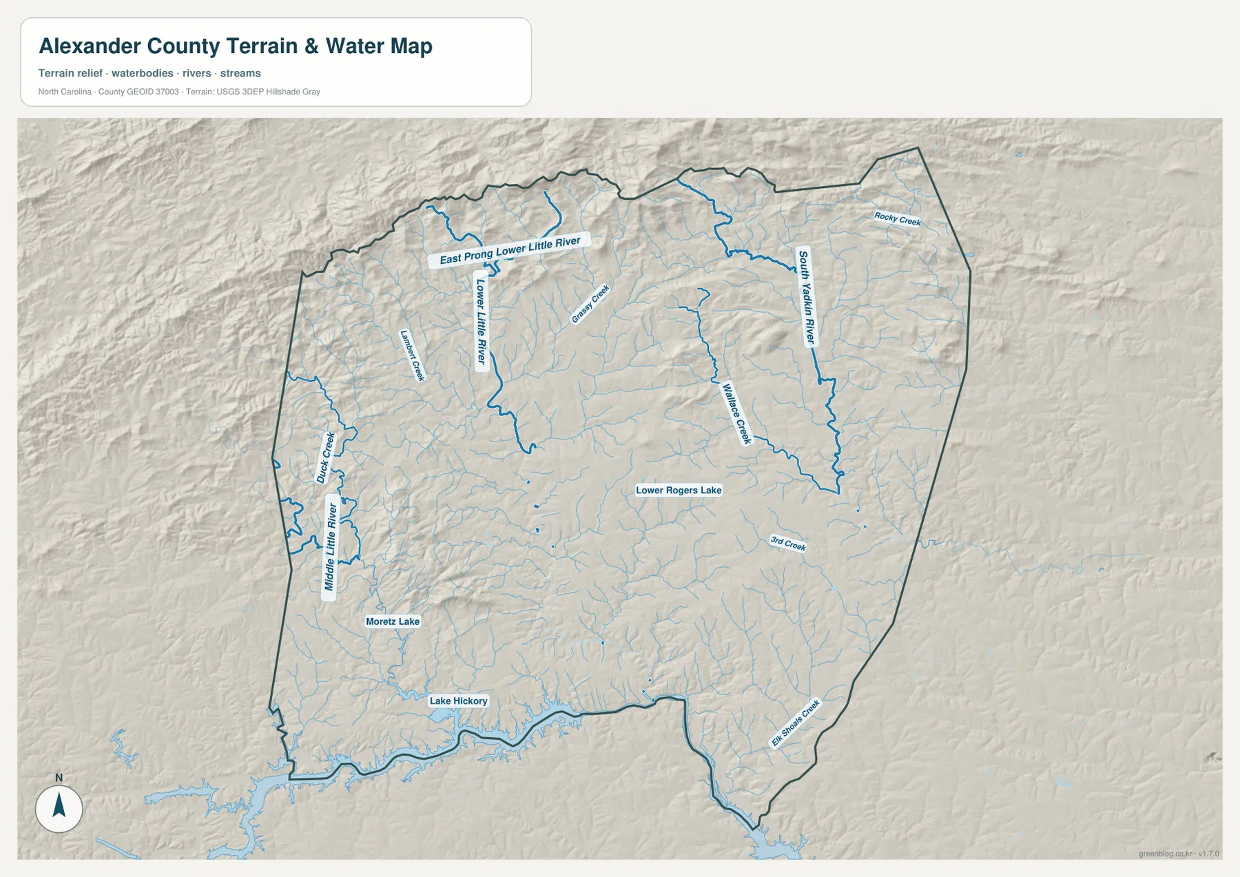 Alexander County terrain and water map showing Lake Hickory, Lower Little River, South Yadkin River, Rocky Creek, and other streams