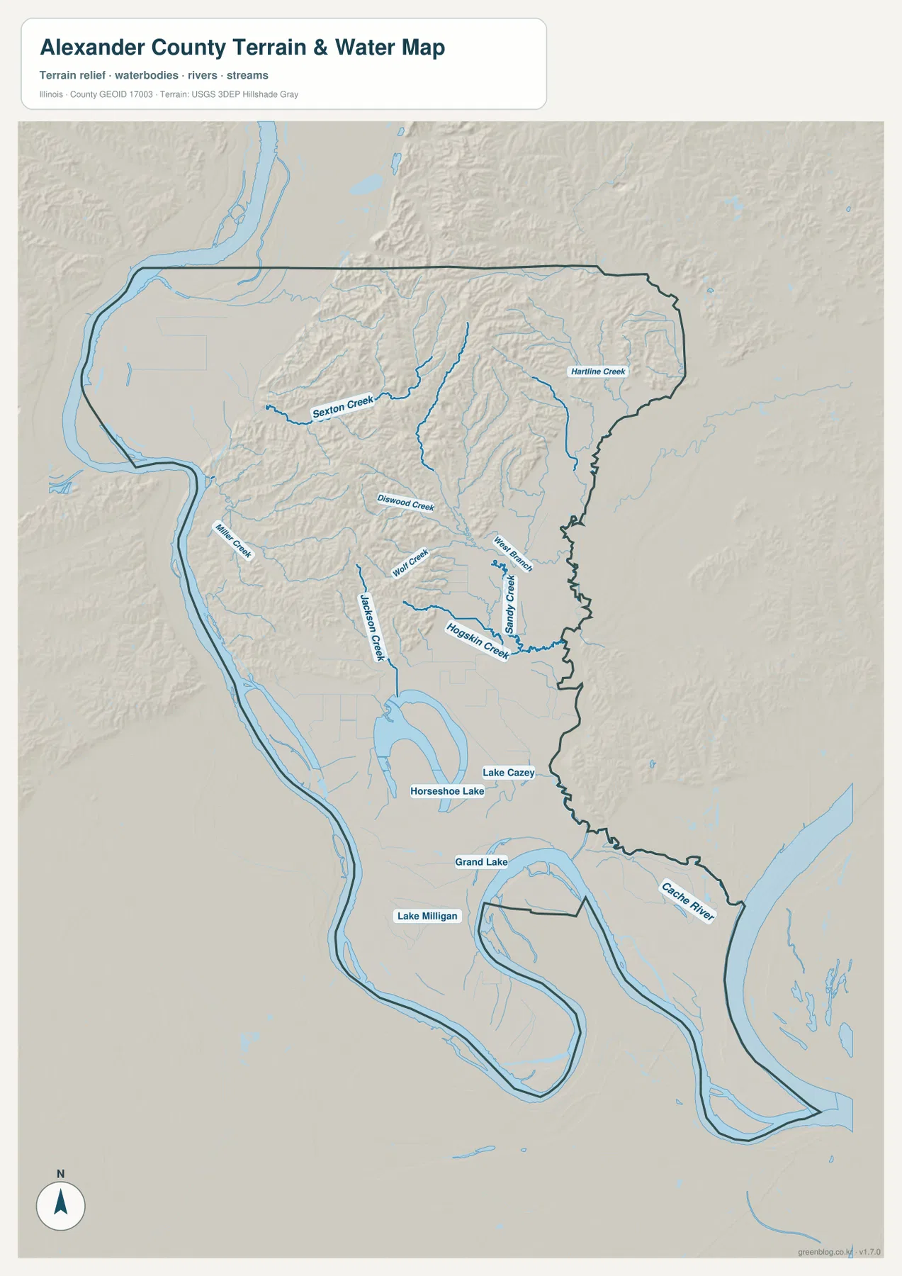 Horseshoe Lake, Lake Cazey, Grand Lake, Lake Milligan, Cache River와 여러 creek를 보여 주는 알렉산더 카운티 수역 지형 지도
