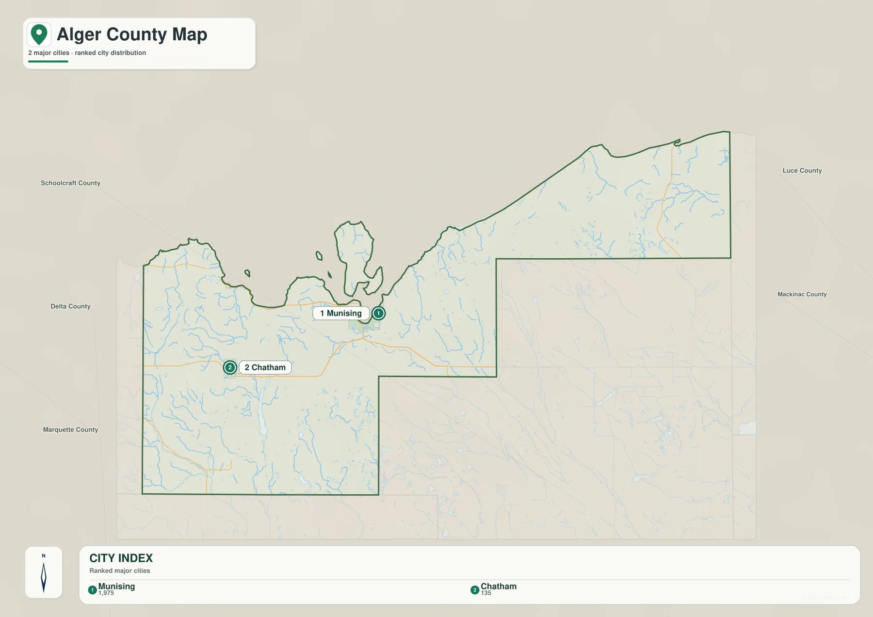 Alger County Michigan city distribution map highlighting Munising and Chatham