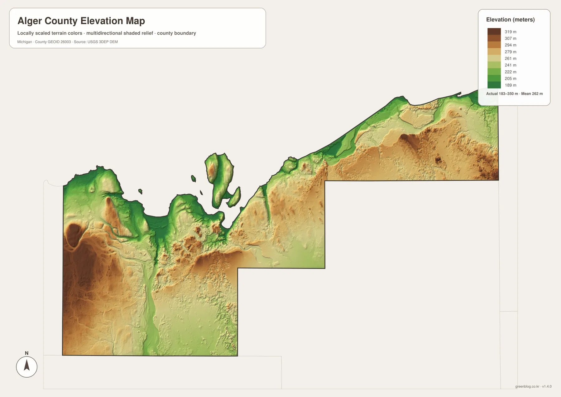 Alger County Michigan elevation map showing low Lake Superior shore areas and higher interior uplands