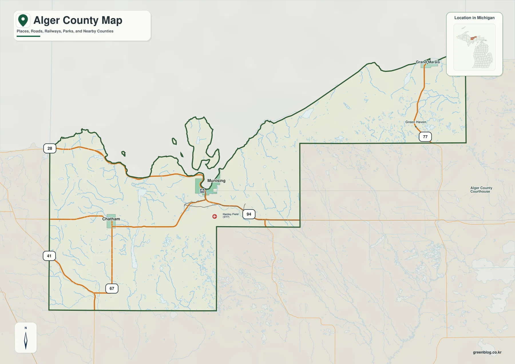 Alger County Michigan map showing Munising, Chatham, Grand Marais, M-28, M-94, M-77, M-41, and M-67