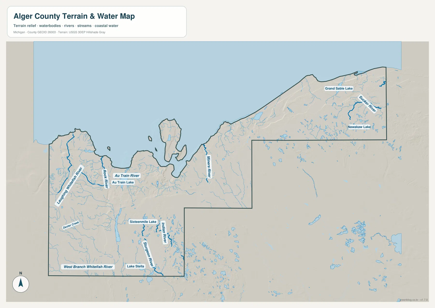 Alger County terrain and water map showing Grand Sable Lake, Sucker River, Miners River, Au Train River, and inland lakes