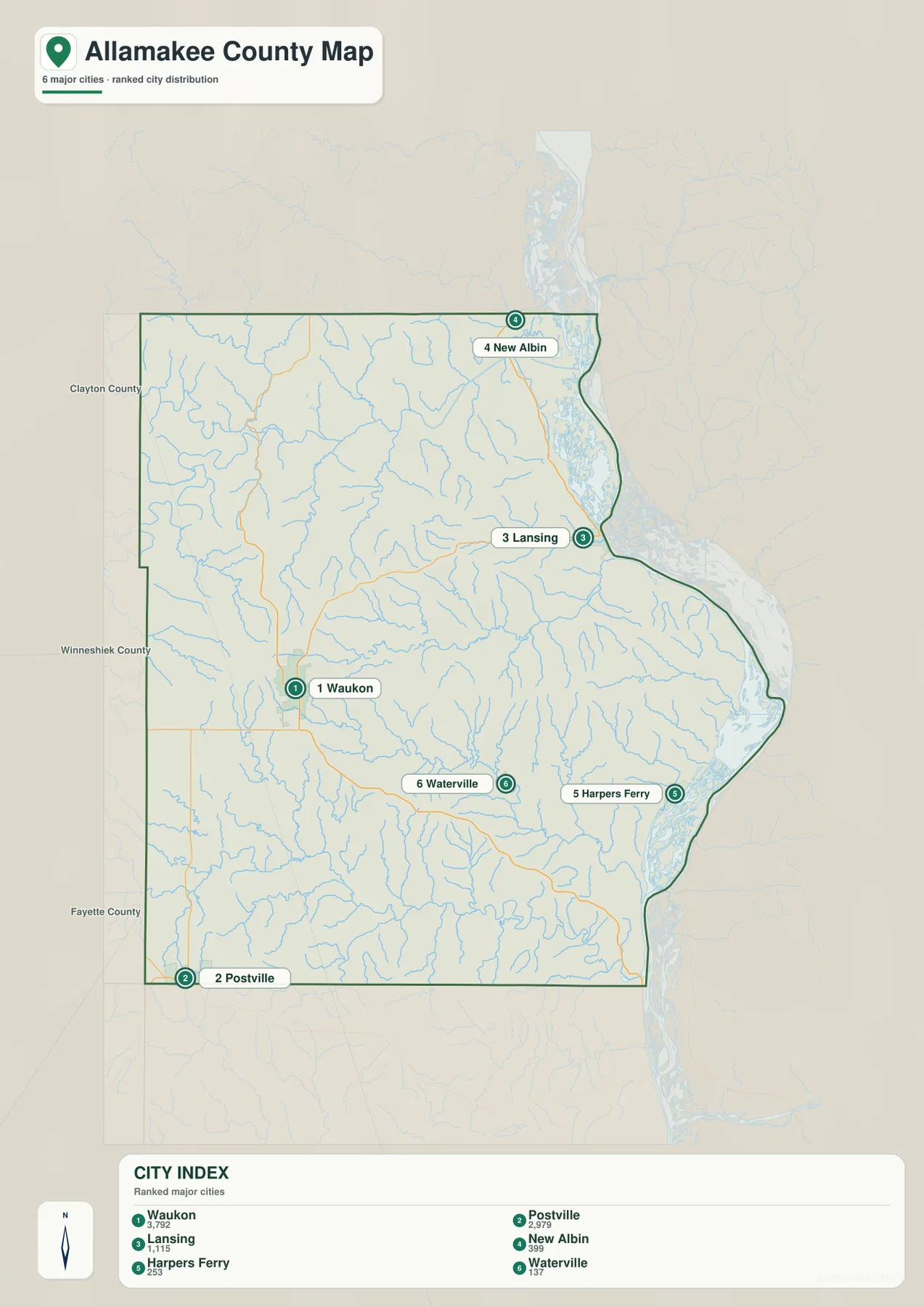 Allamakee County city map with Waukon, Postville, Lansing, New Albin, Harpers Ferry, and Waterville