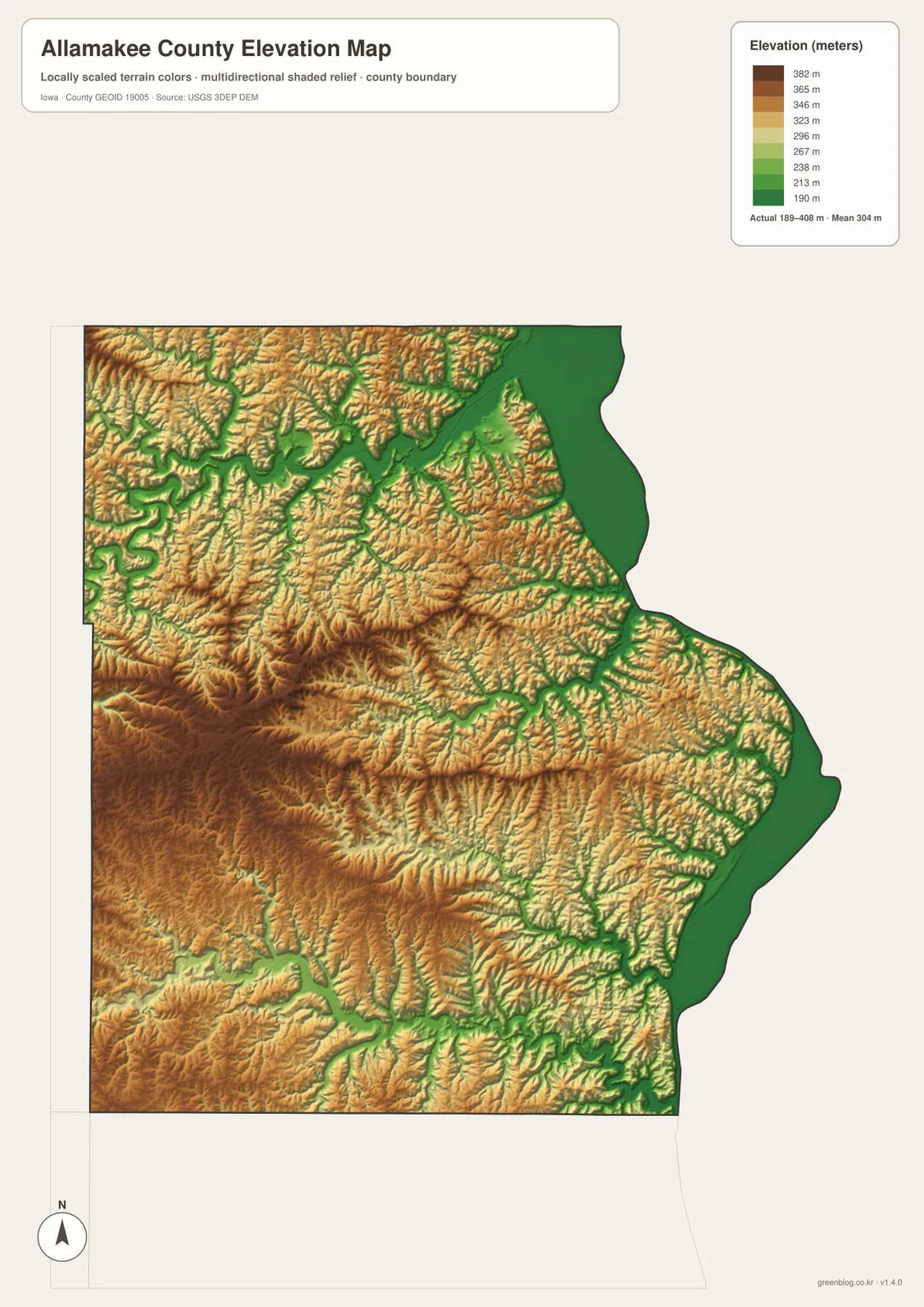 Allamakee County elevation map showing low Mississippi River land, Upper Iowa and Yellow River valleys, and higher inland ridges