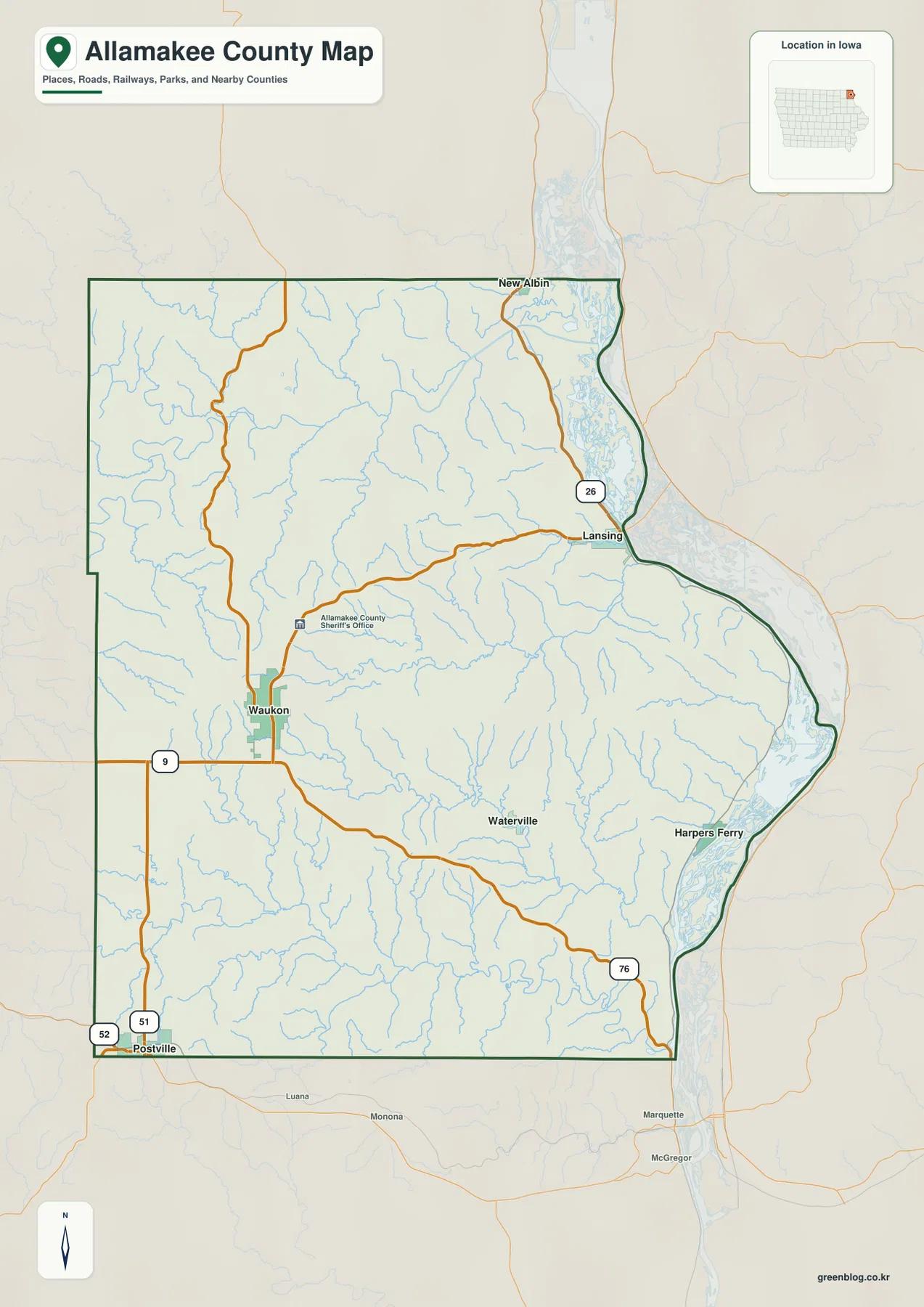 Allamakee County map showing Waukon, Lansing, New Albin, Harpers Ferry, highways, streams, and the Mississippi River edge
