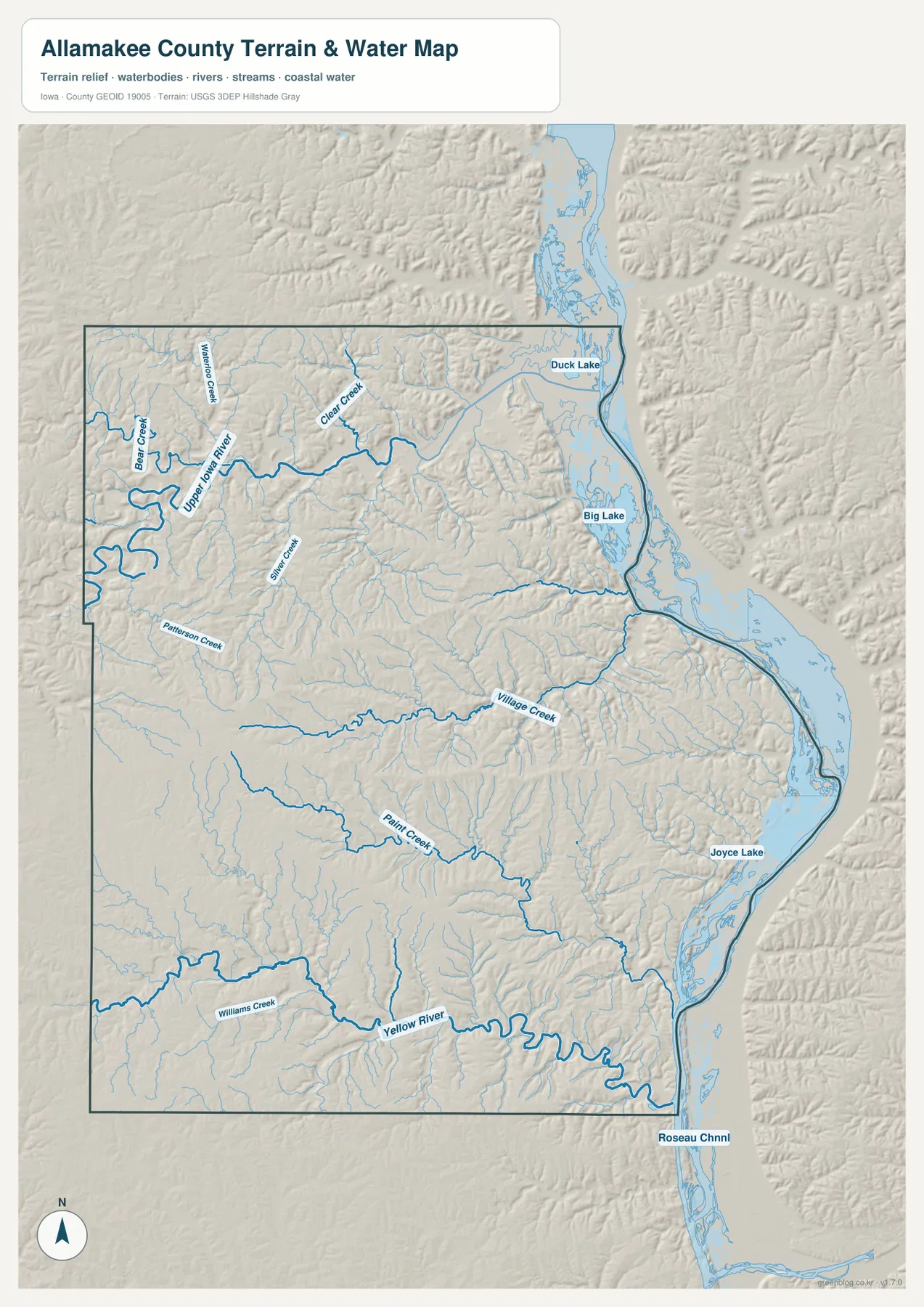 Allamakee County terrain and water map showing Upper Iowa River, Paint Creek, Yellow River, tributaries, and Mississippi River backwaters