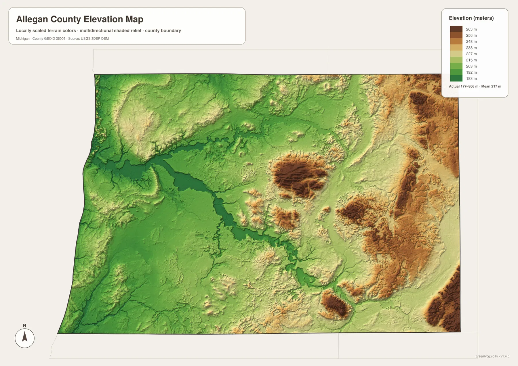 Allegan County Michigan elevation map showing lower Lake Michigan and Lake Allegan corridors and higher eastern terrain