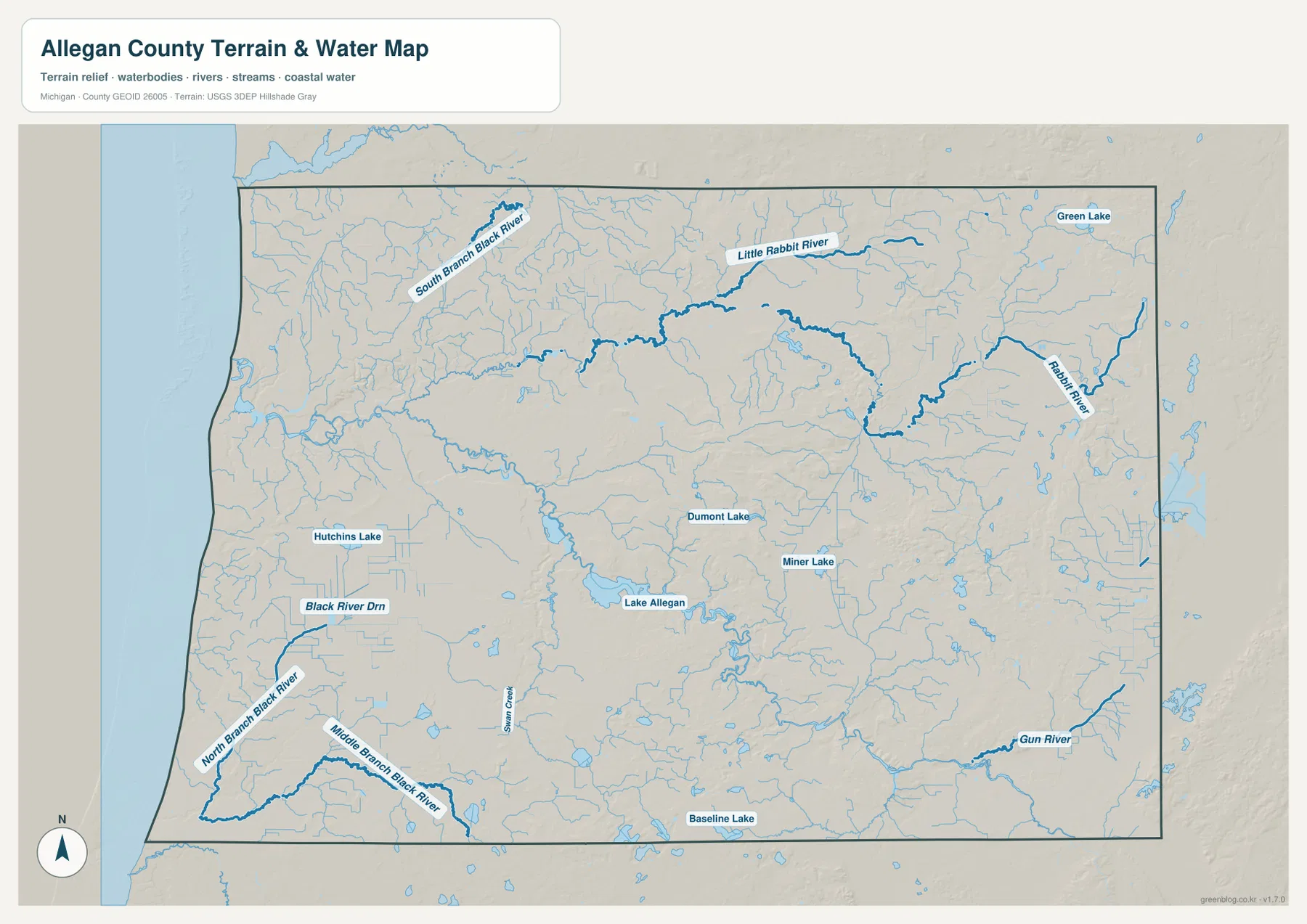 Allegan County Michigan terrain and water map showing Lake Allegan, Black River branches, Rabbit River, Gun River, Hutchins Lake and smaller lakes