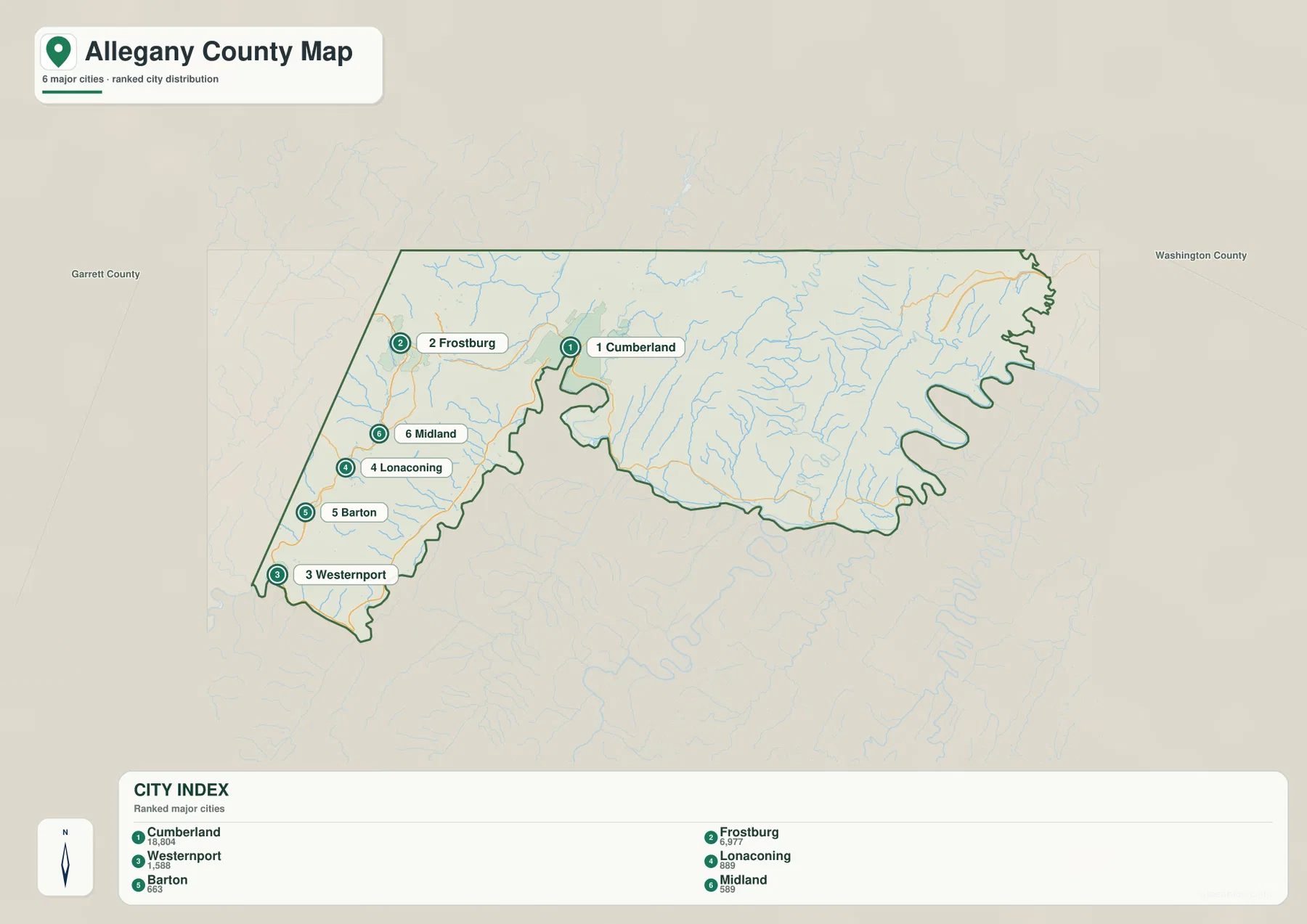 Allegany County City Index 지도에서 Cumberland, Frostburg, Westernport, Lonaconing, Barton, Midland가 순위로 표시된 모습