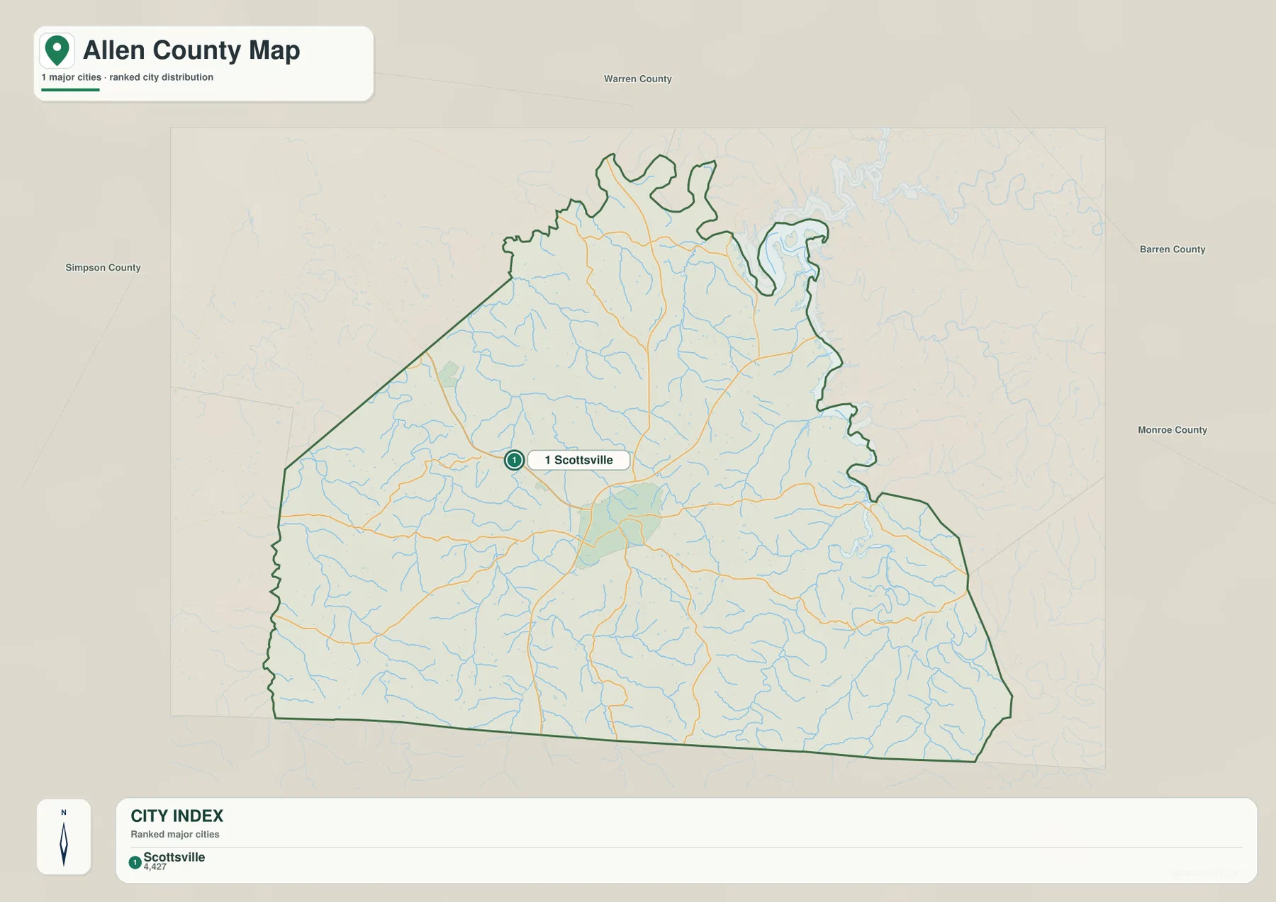 Allen County Kentucky city map showing Scottsville as the ranked city