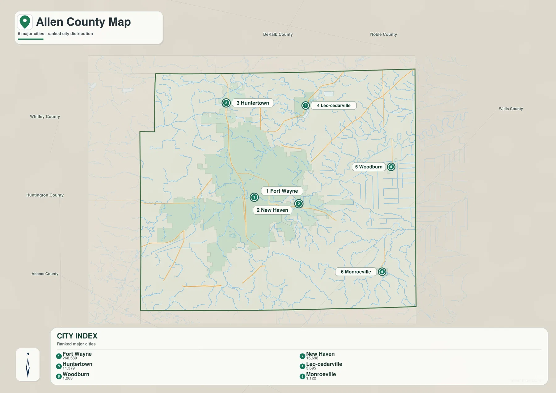 Allen County Indiana city map showing Fort Wayne, New Haven, Huntertown, Leo-Cedarville, Woodburn, and Monroeville