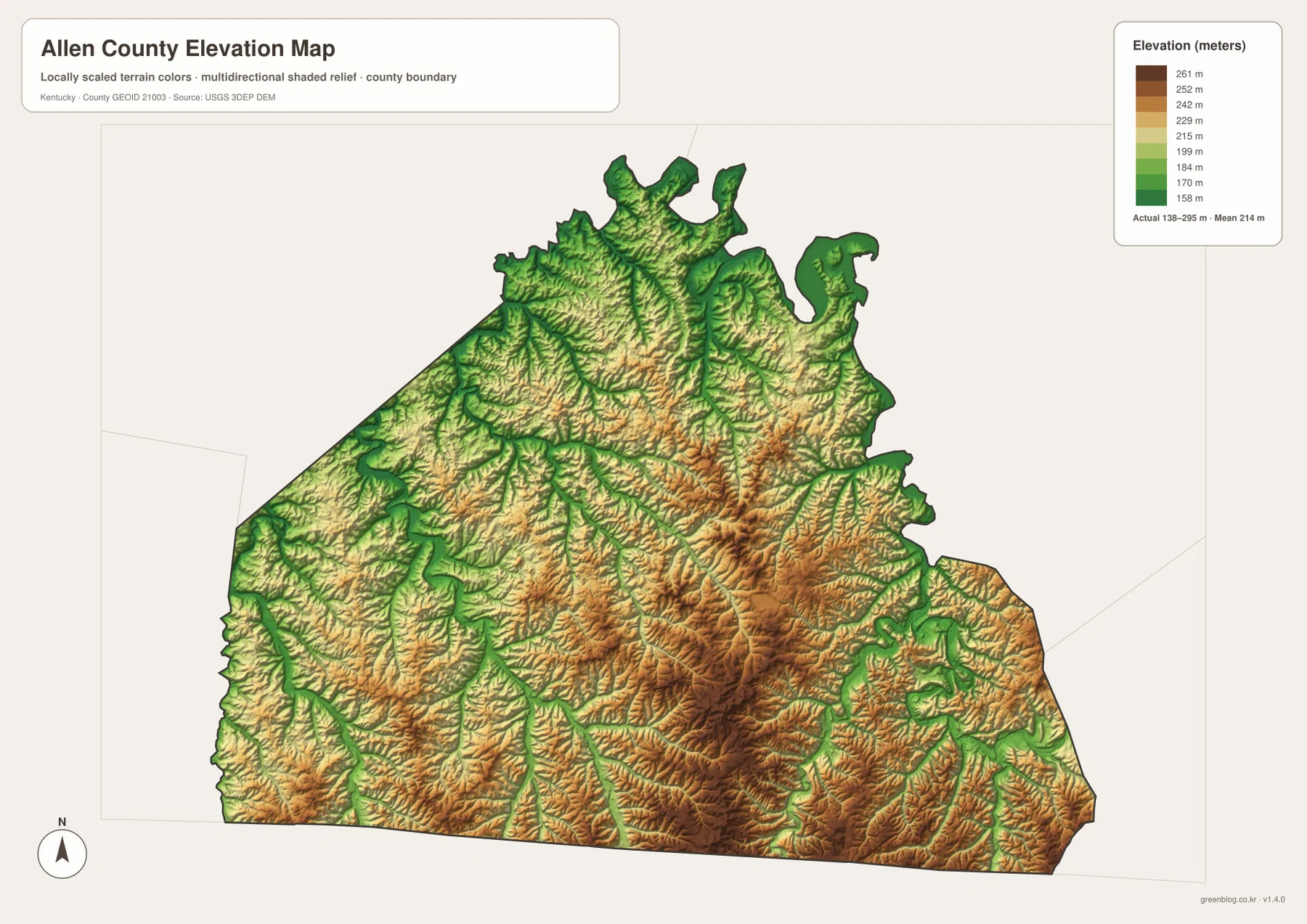 Allen County Kentucky elevation map showing 138 to 295 meter relief, Barren River lowlands and higher central and southeastern ridges