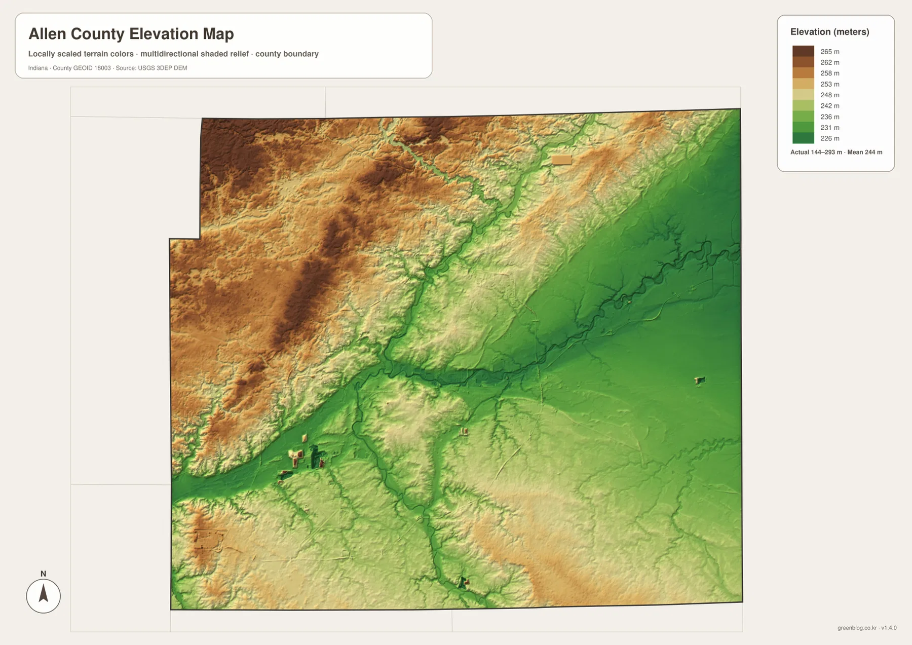 Allen County Indiana elevation map showing 144 to 293 meter relief, higher western ground, and lower river valleys around Fort Wayne