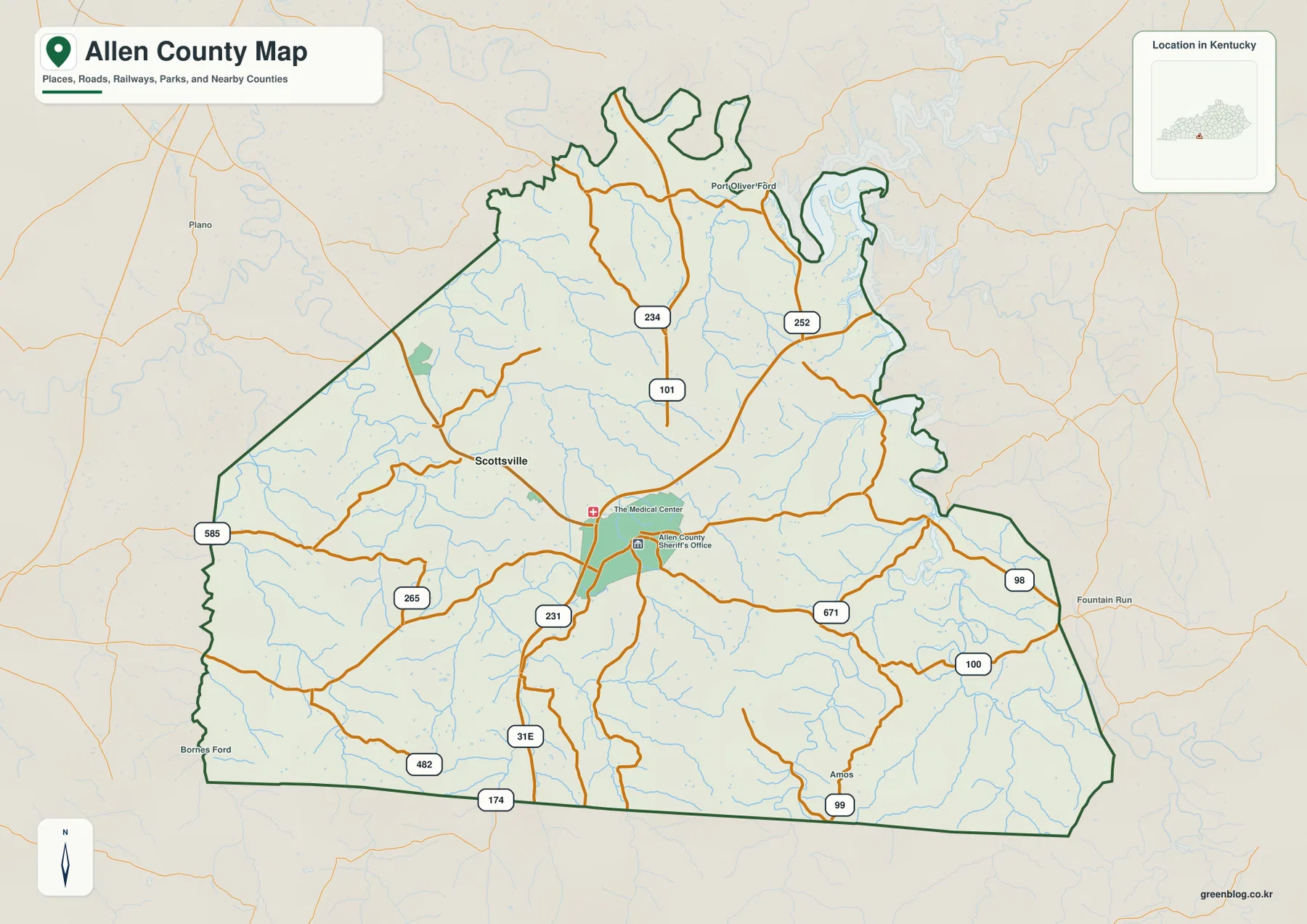 Allen County Kentucky map showing Scottsville, US 231, US 31E, KY 100, KY 101, KY 234 and surrounding roads