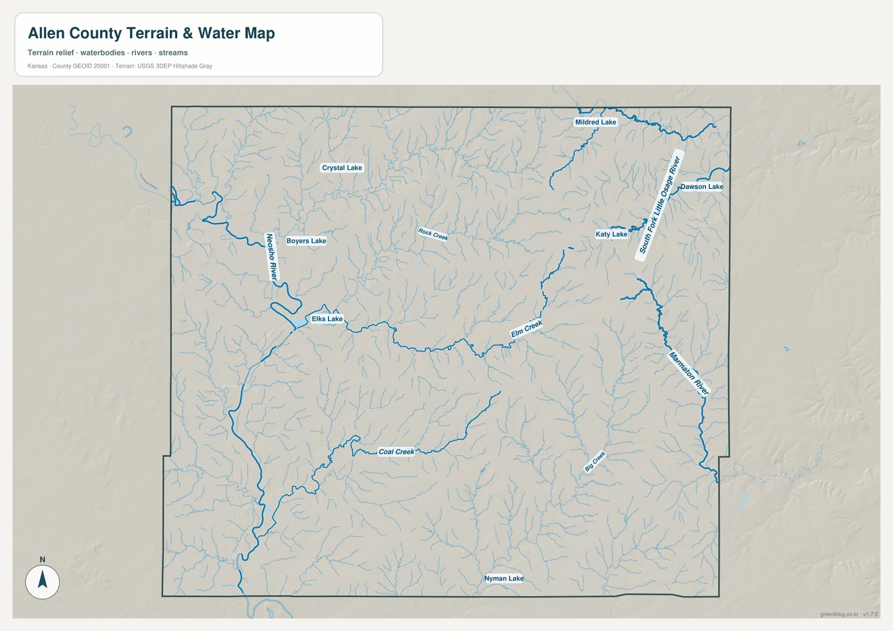 Neosho River, Marmaton River, South Fork Little Osage River, Elm Creek, Coal Creek과 주요 호수를 보여 주는 앨런 카운티 수역 지도