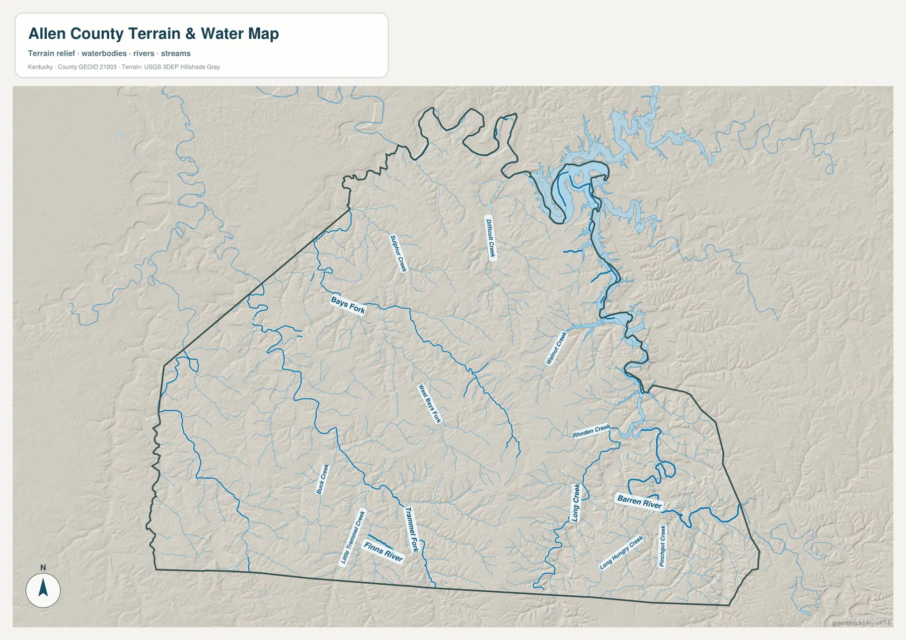 Allen County Kentucky terrain and water map showing Barren River Lake, Barren River, Bays Fork, Trammel Fork and major creeks