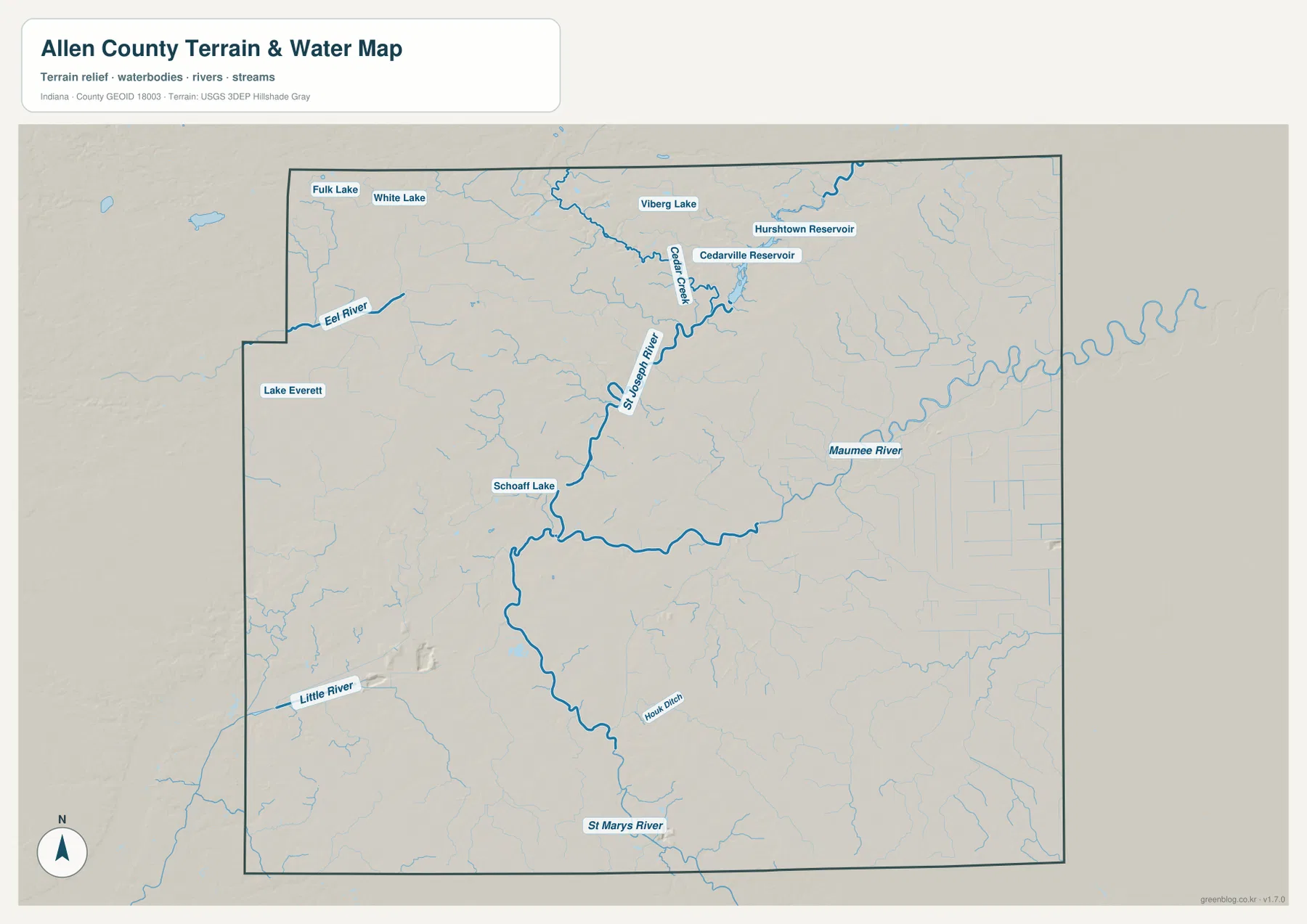 Allen County Indiana water map with St. Joseph River, St. Marys River, Maumee River, Cedar Creek, reservoirs, and lakes