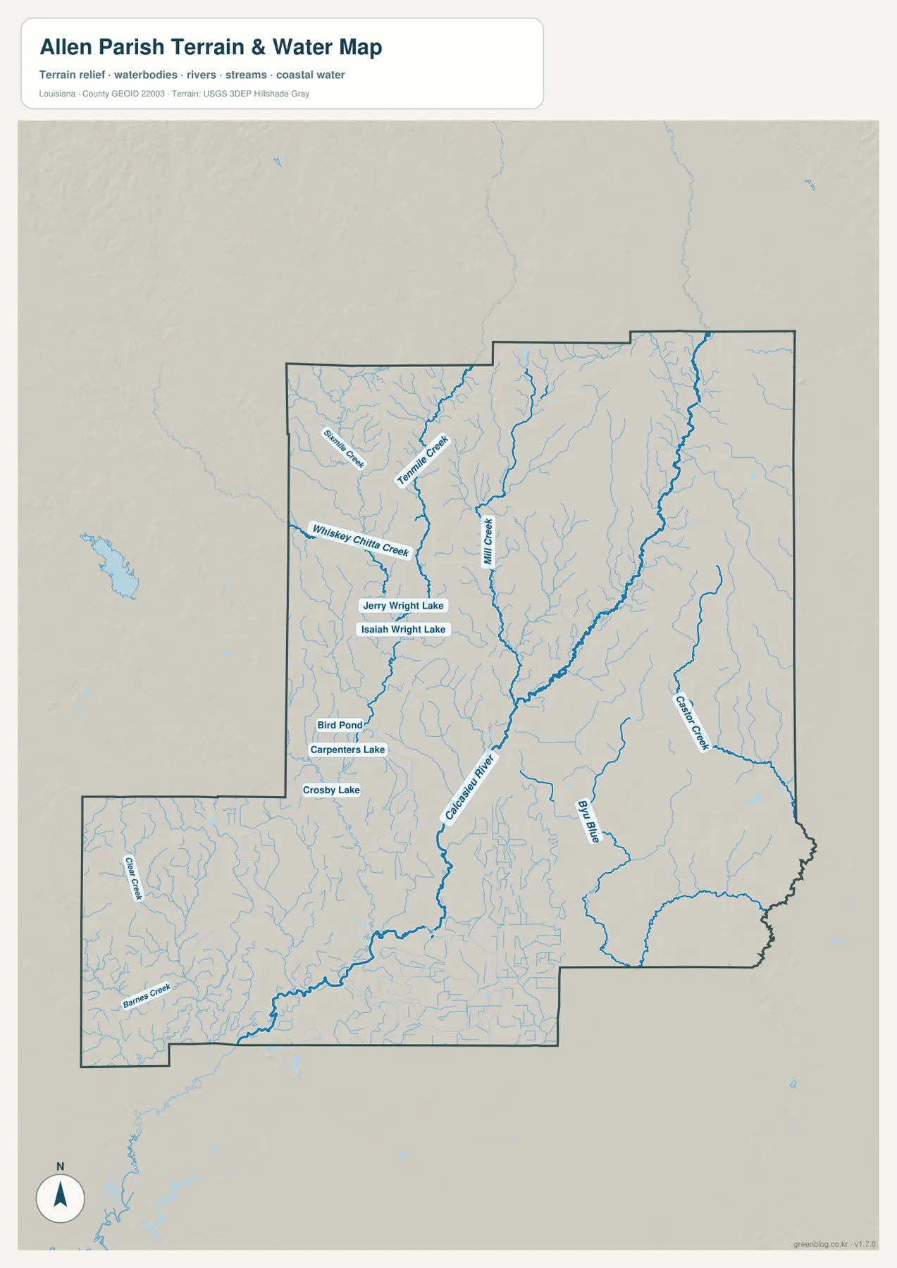 Allen Parish의 Calcasieu River, Whiskey Chitto Creek, Sixmile Creek, Tenmile Creek, Mill Creek, Castor Creek, Bayou Blue, Jerry Wright Lake, Isaiah Wright Lake, Carpenters Lake와 Crosby Lake를 표시한 수역 지도