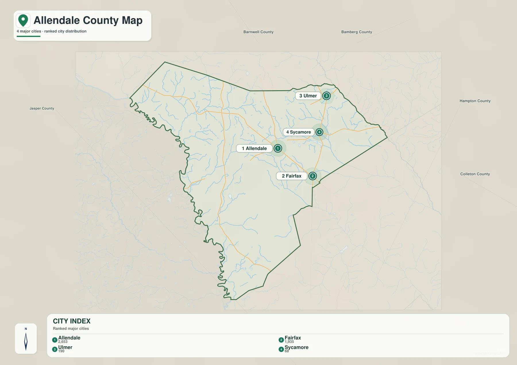 Allendale County city map ranking Allendale, Fairfax, Ulmer and Sycamore
