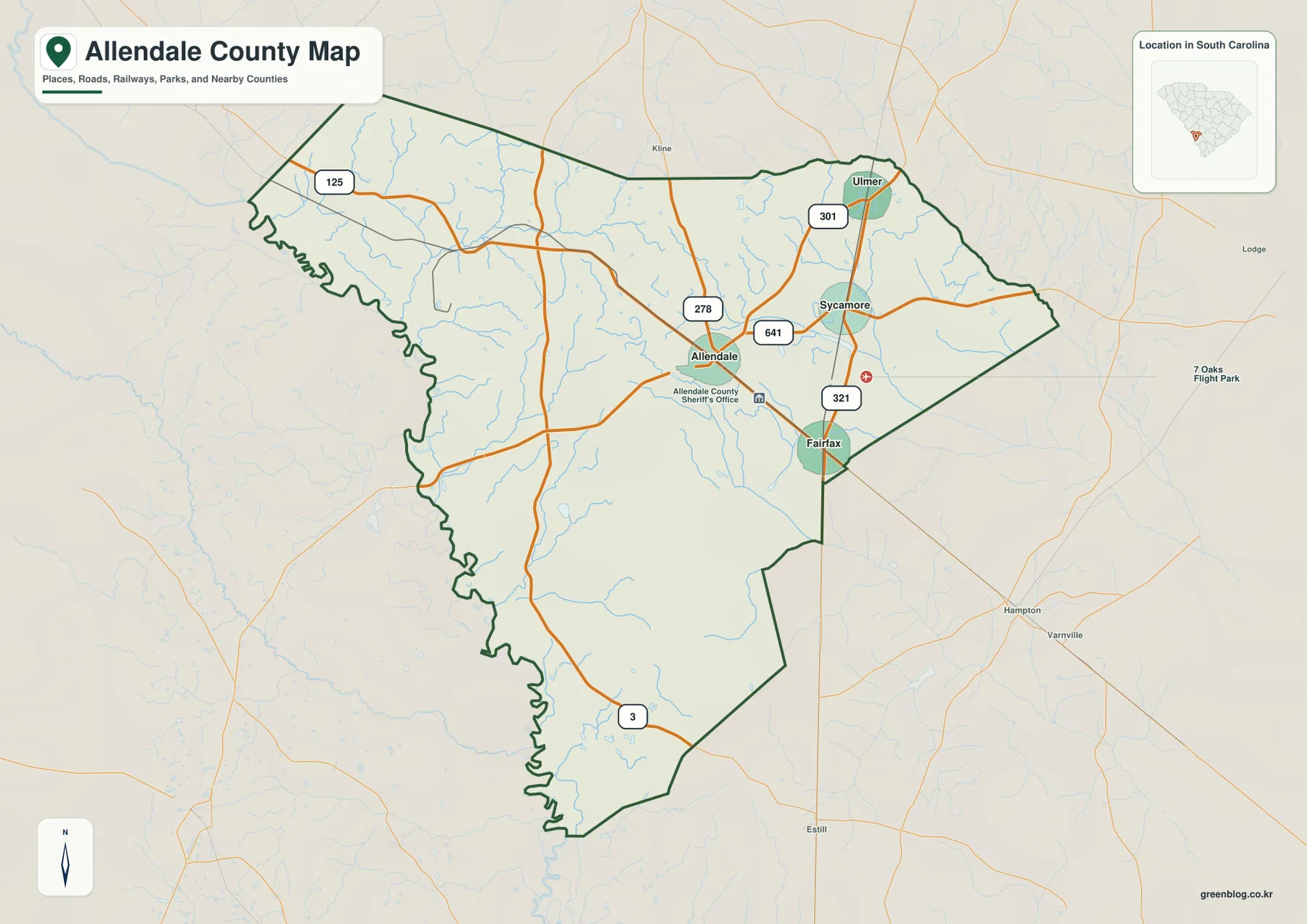 Allendale County map with Allendale, Fairfax, Sycamore, Ulmer and numbered routes