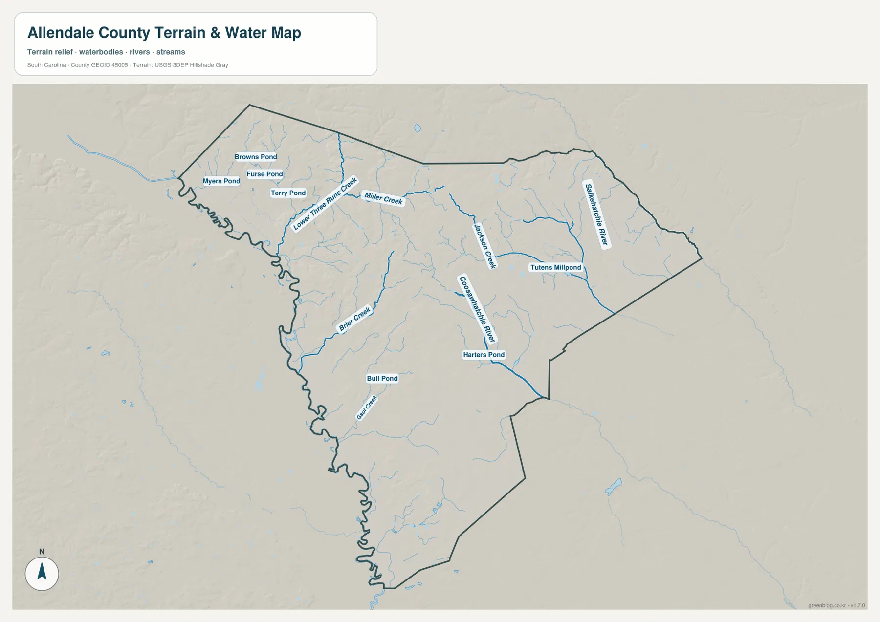 Allendale County terrain and water map with Coosawhatchie River, Salkehatchie River, creeks and ponds