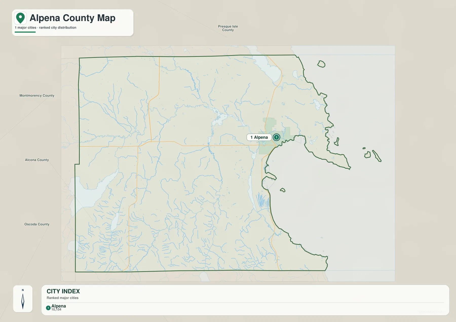 Alpena를 1번 주요 도시로 표시하고 주변 카운티와 해안을 단순하게 보여 주는 Alpena County Michigan 도시 지도