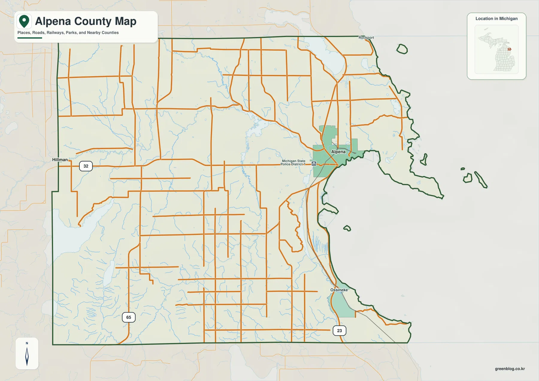 Alpena, US-23, M-32, M-65, Thunder Bay 해안과 주변 도로가 표시된 Alpena County Michigan 지도