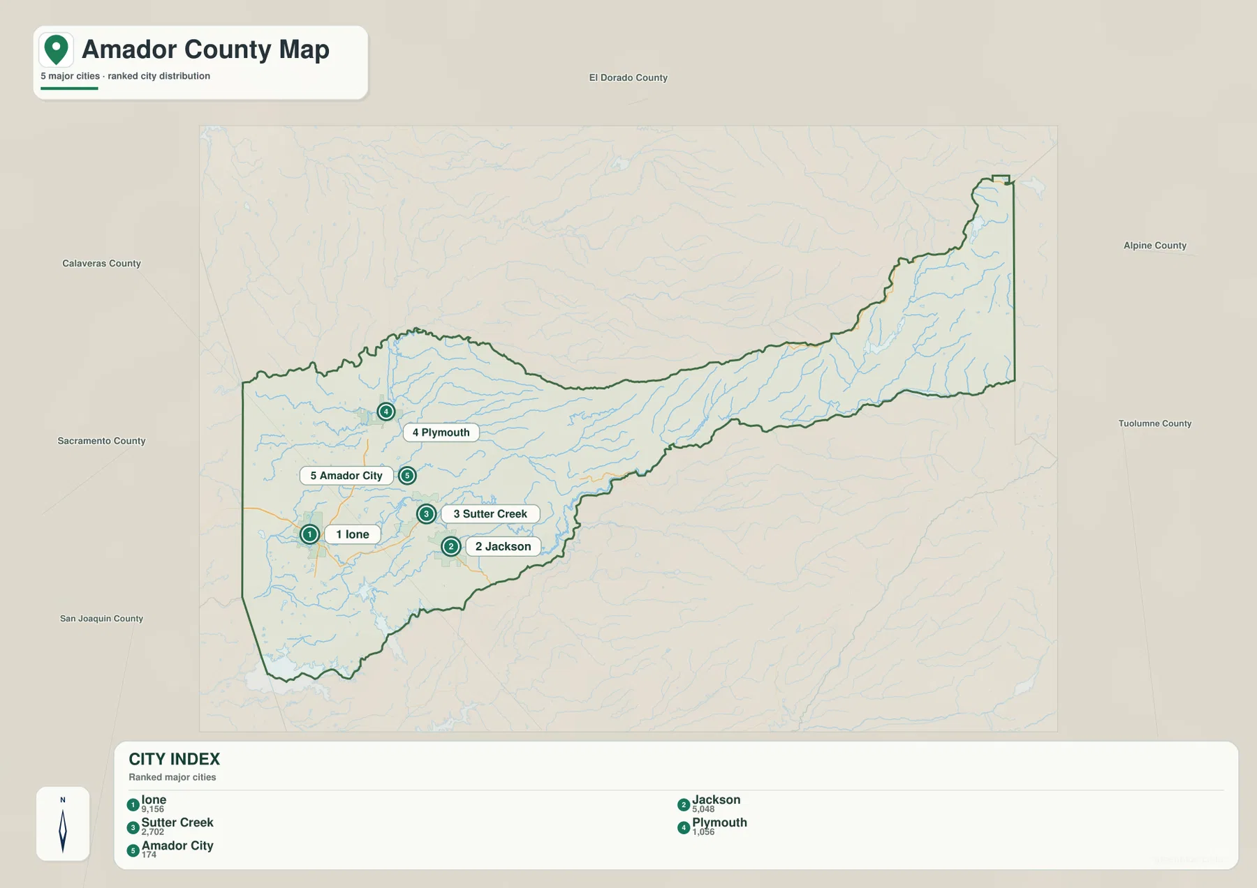 Amador County city map showing Ione, Jackson, Sutter Creek, Plymouth, and Amador City