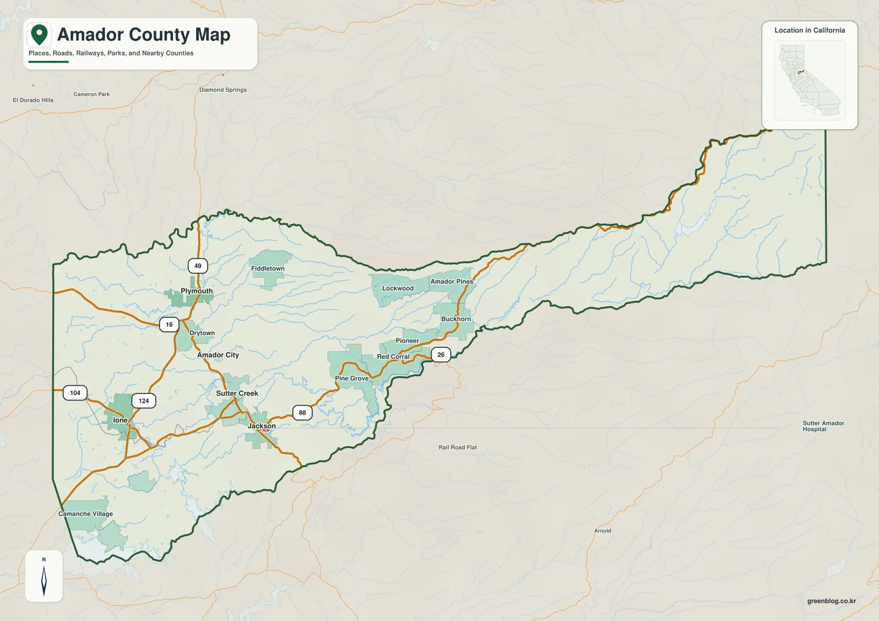 Amador County California reference map showing Jackson, Sutter Creek, Ione, Plymouth, Amador City, Pine Grove, Pioneer, roads, streams, and county boundary