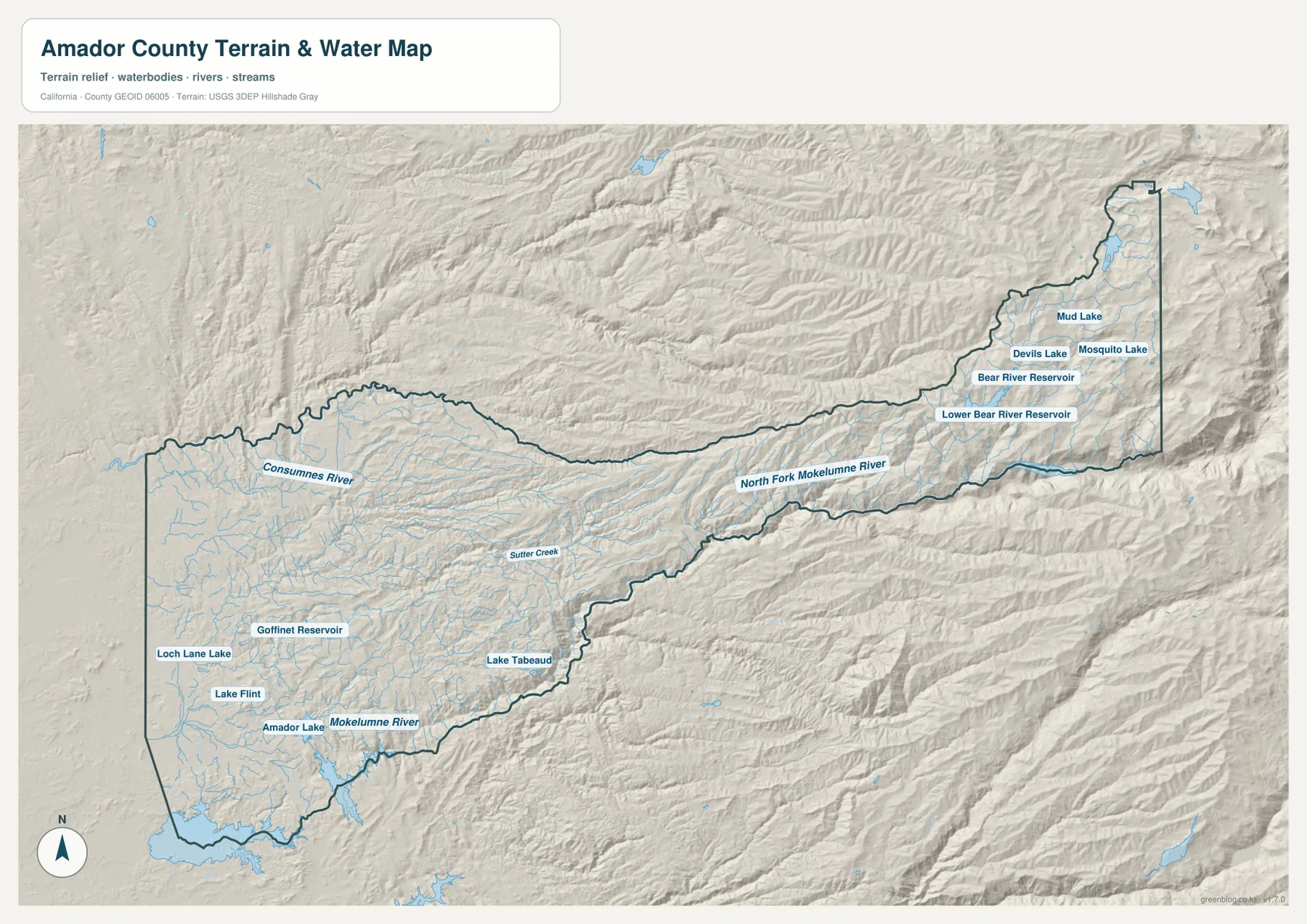 Amador County terrain and water map showing Cosumnes River, Mokelumne River, North Fork Mokelumne River, Sutter Creek, reservoirs, lakes, and Sierra relief