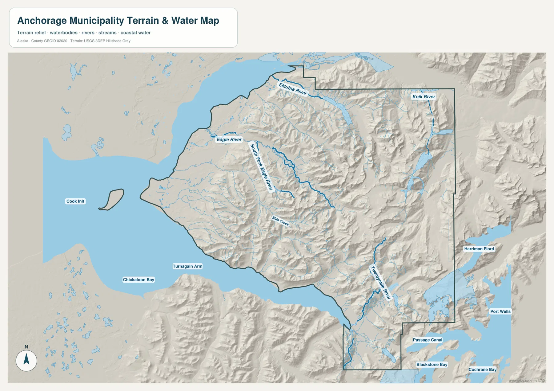 Anchorage Municipality terrain and water map