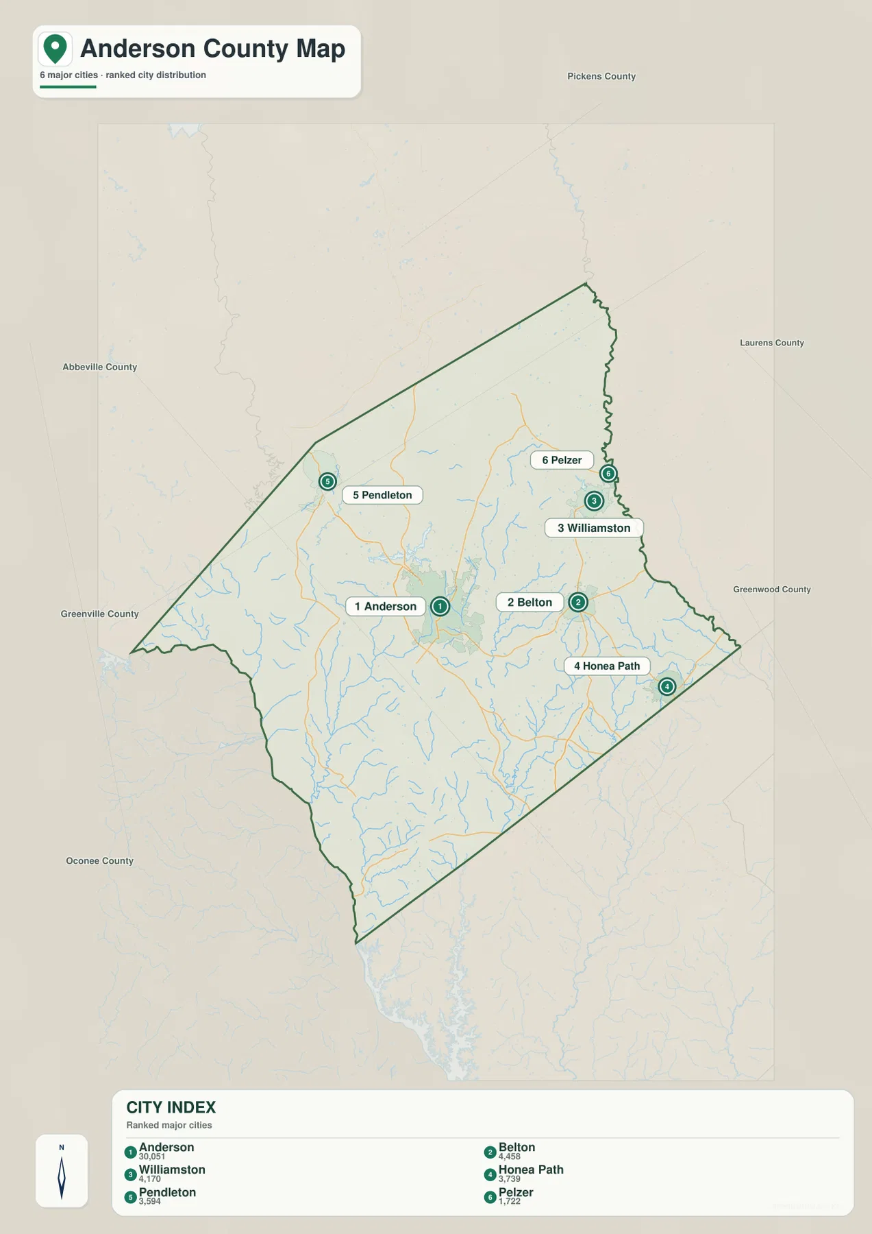 Anderson County city map with Anderson, Belton, Williamston, Honea Path, Pendleton and Pelzer rankings