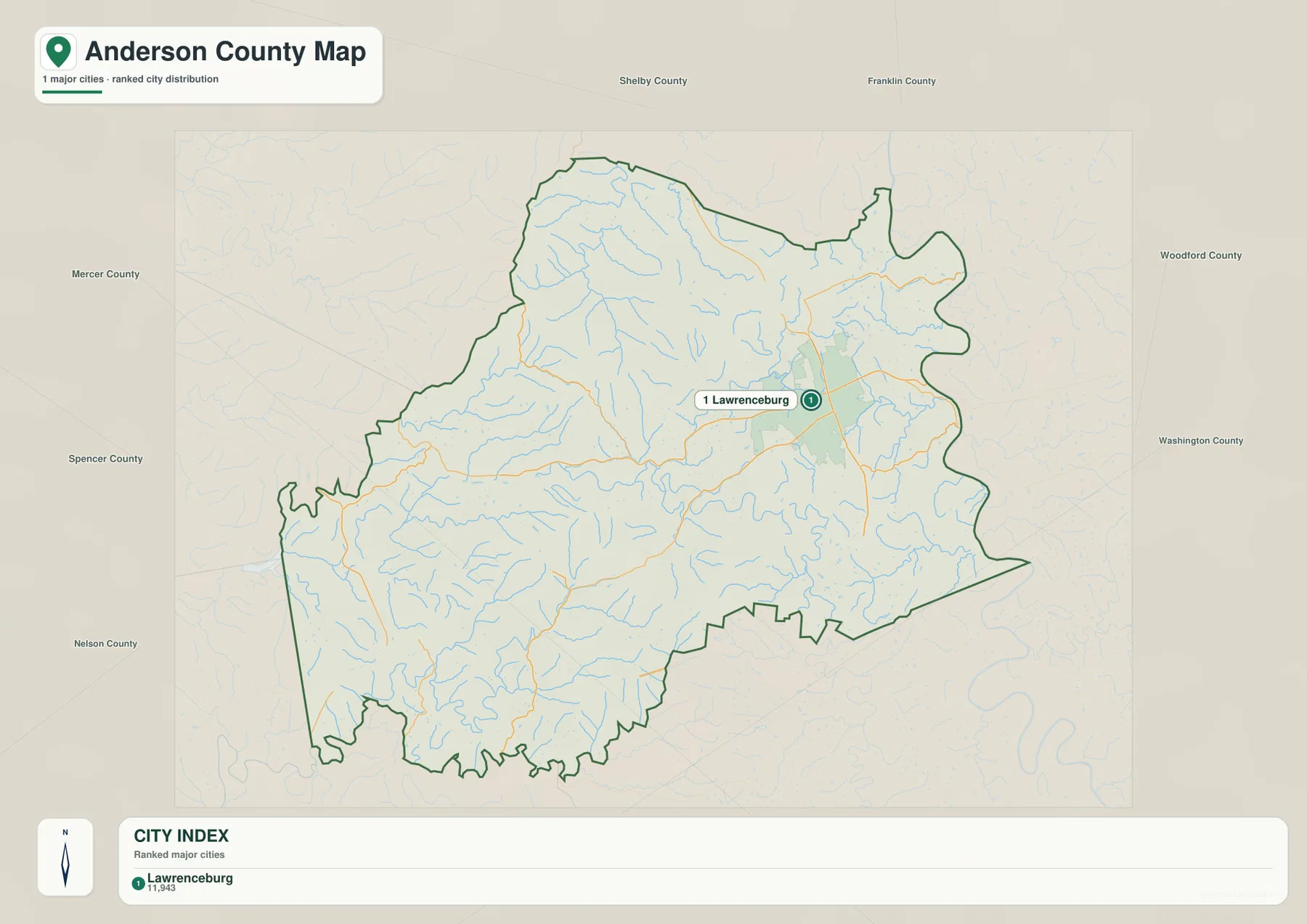 Anderson County Kentucky city map showing Lawrenceburg as the ranked city
