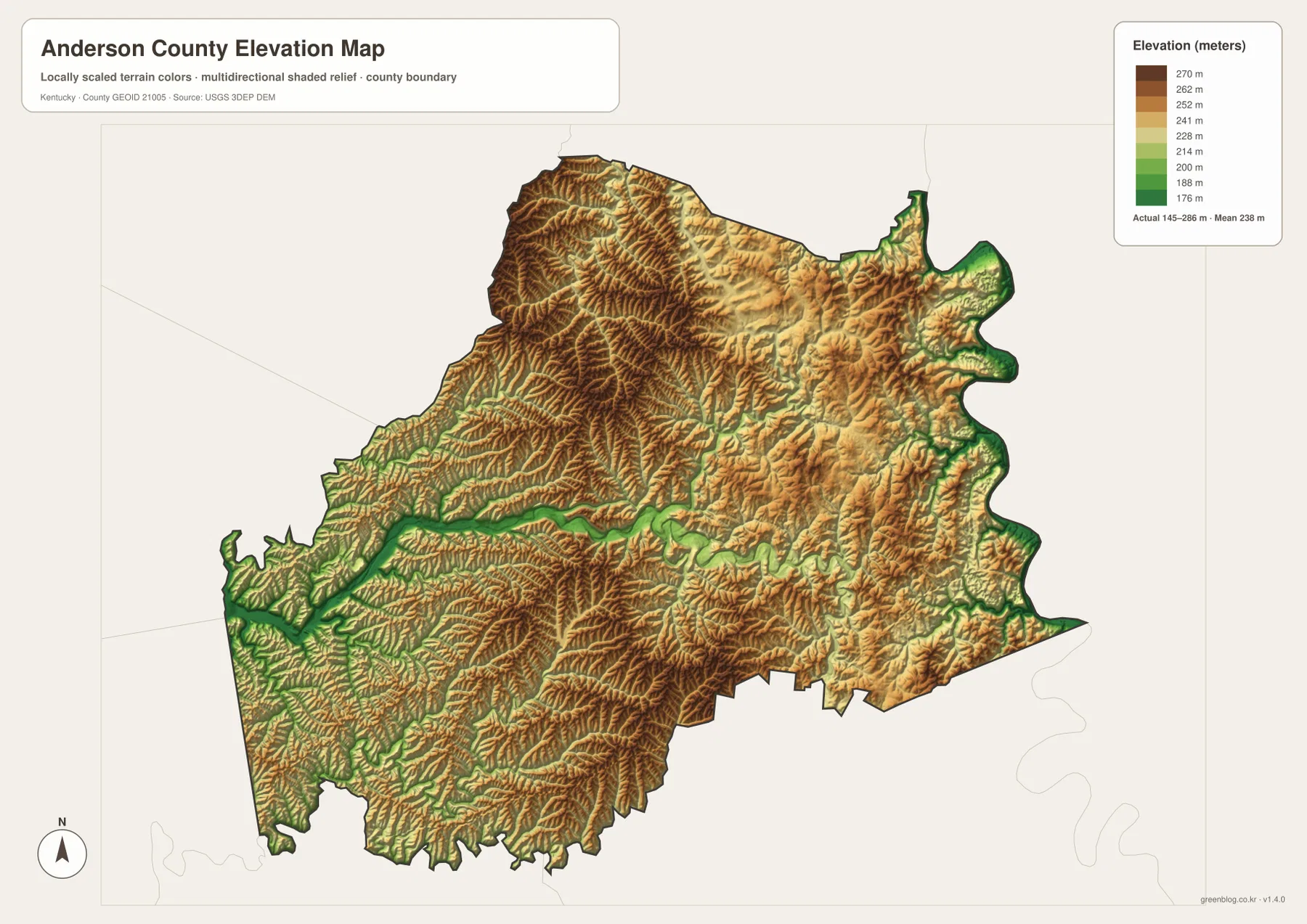 Anderson County Kentucky elevation map showing 145 to 286 meter relief, Salt River lowlands and higher western and southern hills