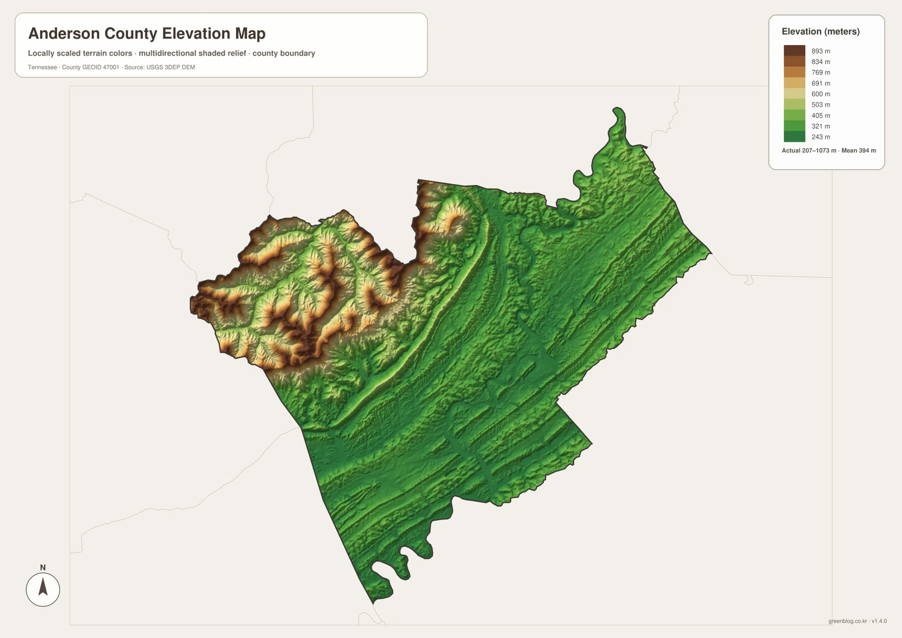 Anderson County elevation map showing high western terrain and lower eastern ridges