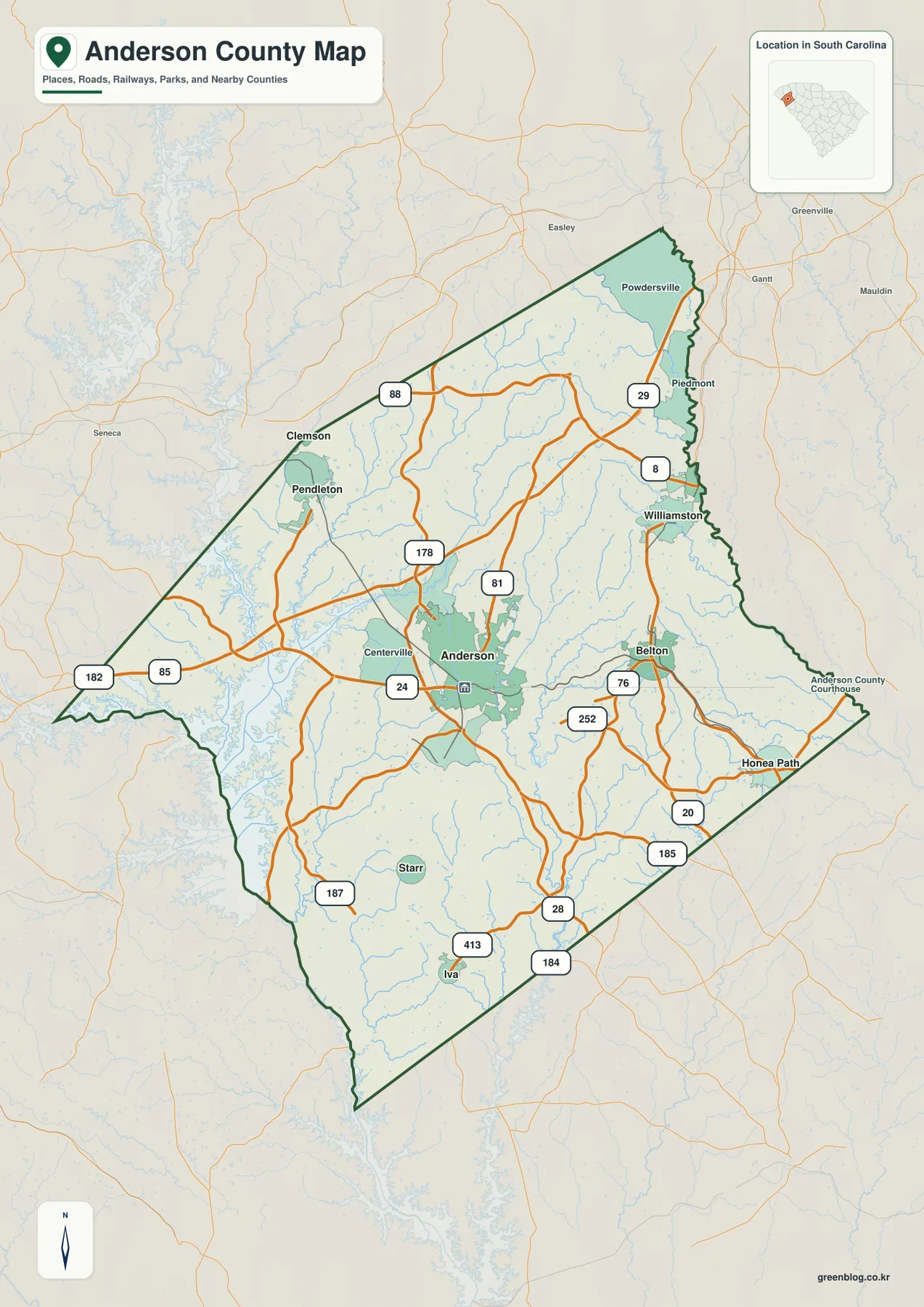 Anderson County South Carolina map with Anderson, Belton, Williamston, Pendleton and major numbered routes