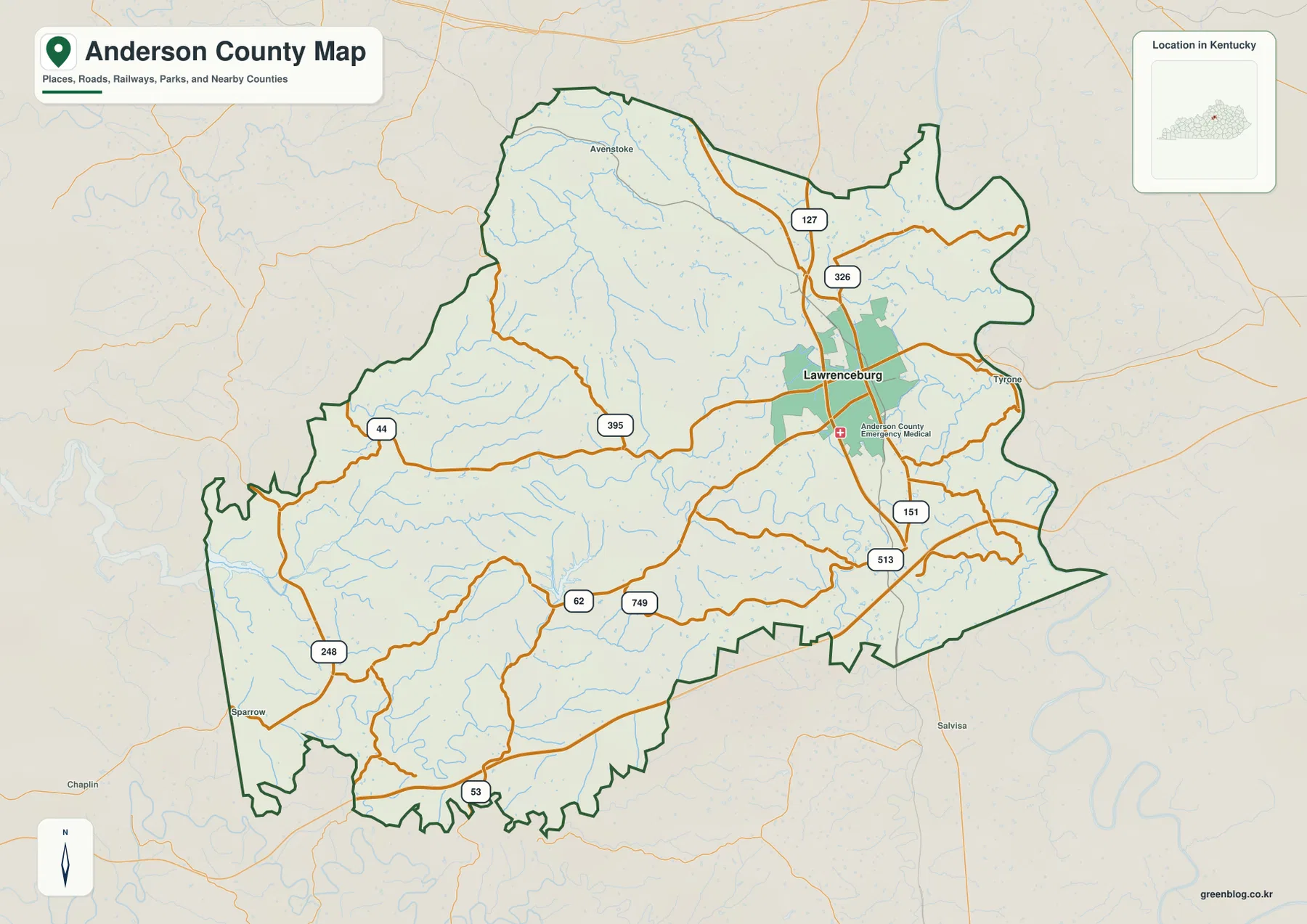 켄터키주 앤더슨 카운티 Lawrenceburg, US 127, US 62, KY 44와 주요 도로 지도