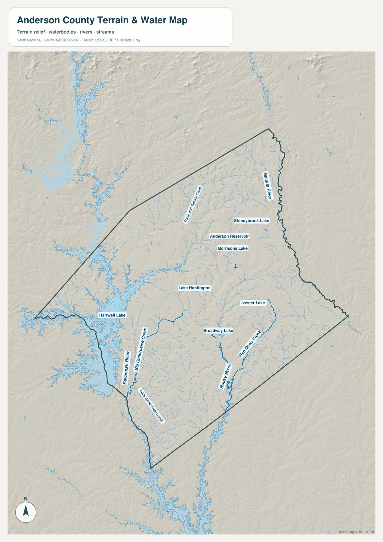 Anderson County terrain and water map with Hartwell Lake, Saluda River, Savannah River, Rocky River, creeks and lakes