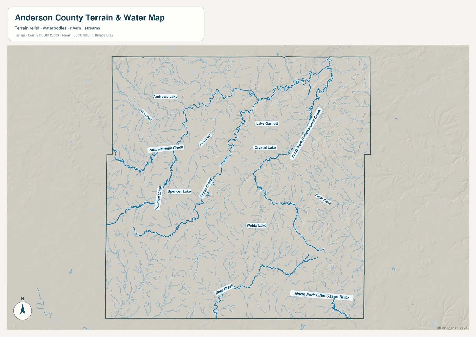 Pottawatomie Creek, South Fork Pottawatomie Creek, Cedar Creek, Thomas Creek, Deer Creek와 Lake Garnett를 보여 주는 앤더슨 카운티 수역 지도