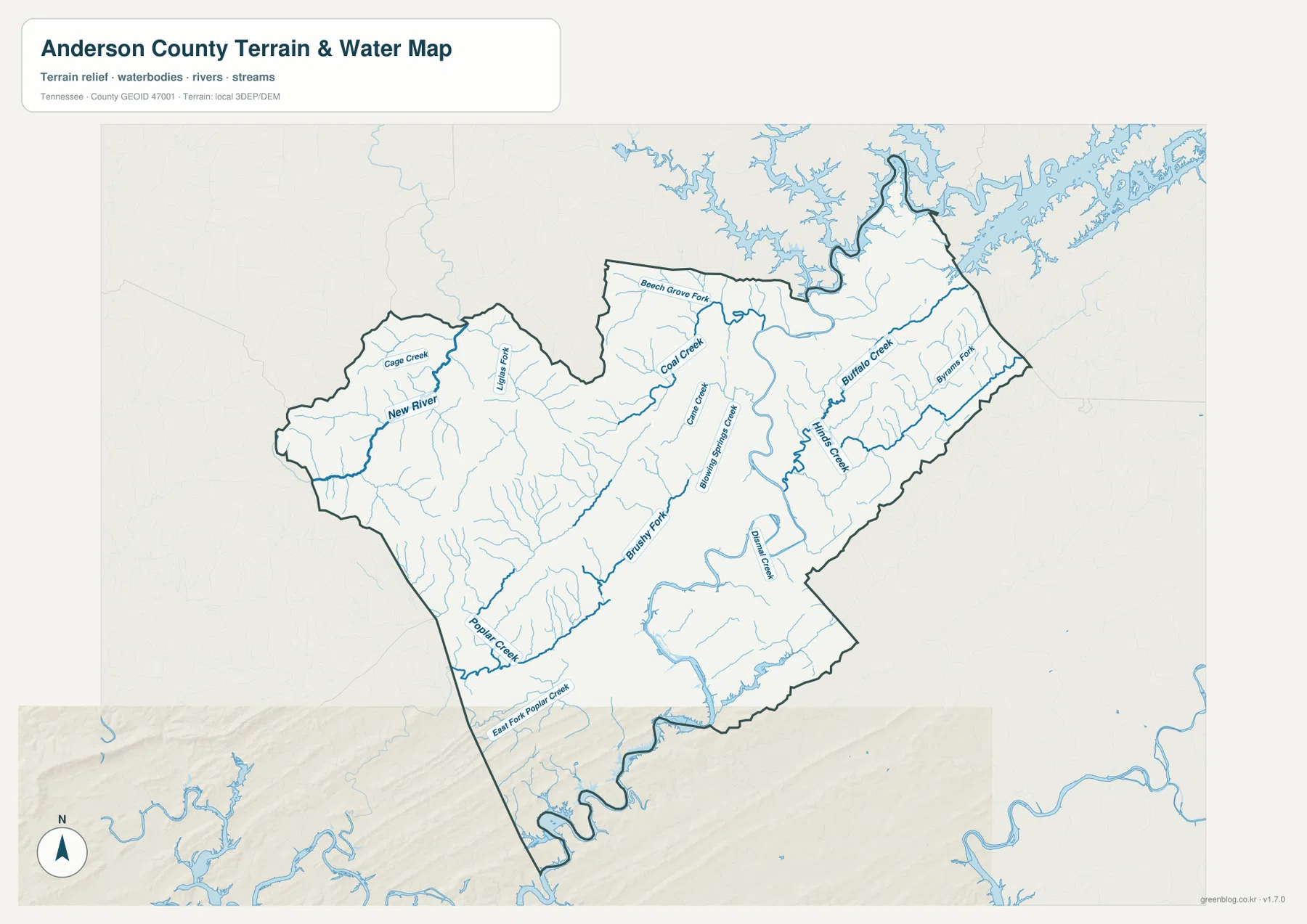 Anderson County terrain and water map showing New River, Coal Creek, Cane Creek, Buffalo Creek and Poplar Creek