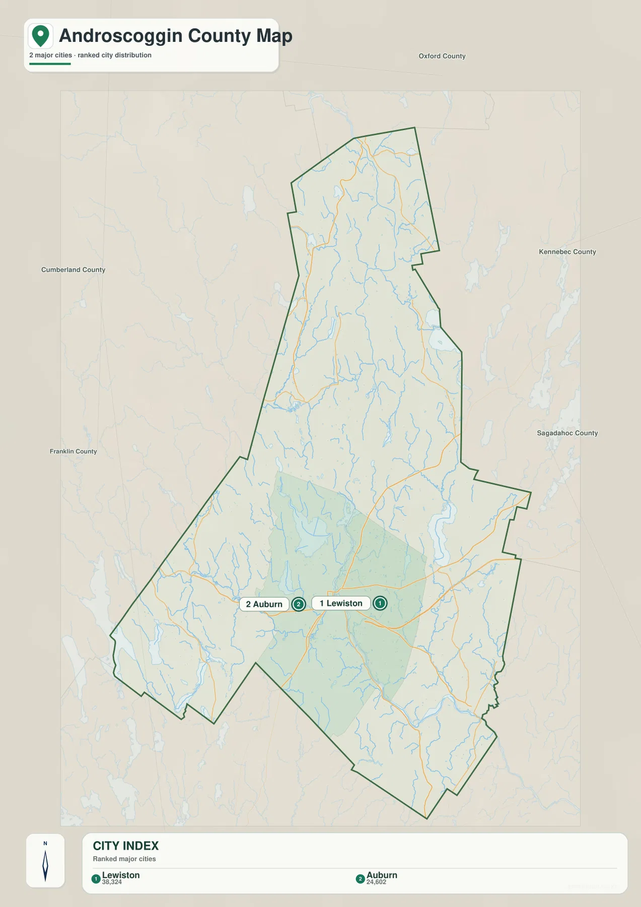 Androscoggin County city distribution map highlighting Lewiston and Auburn together in the southern part of the county