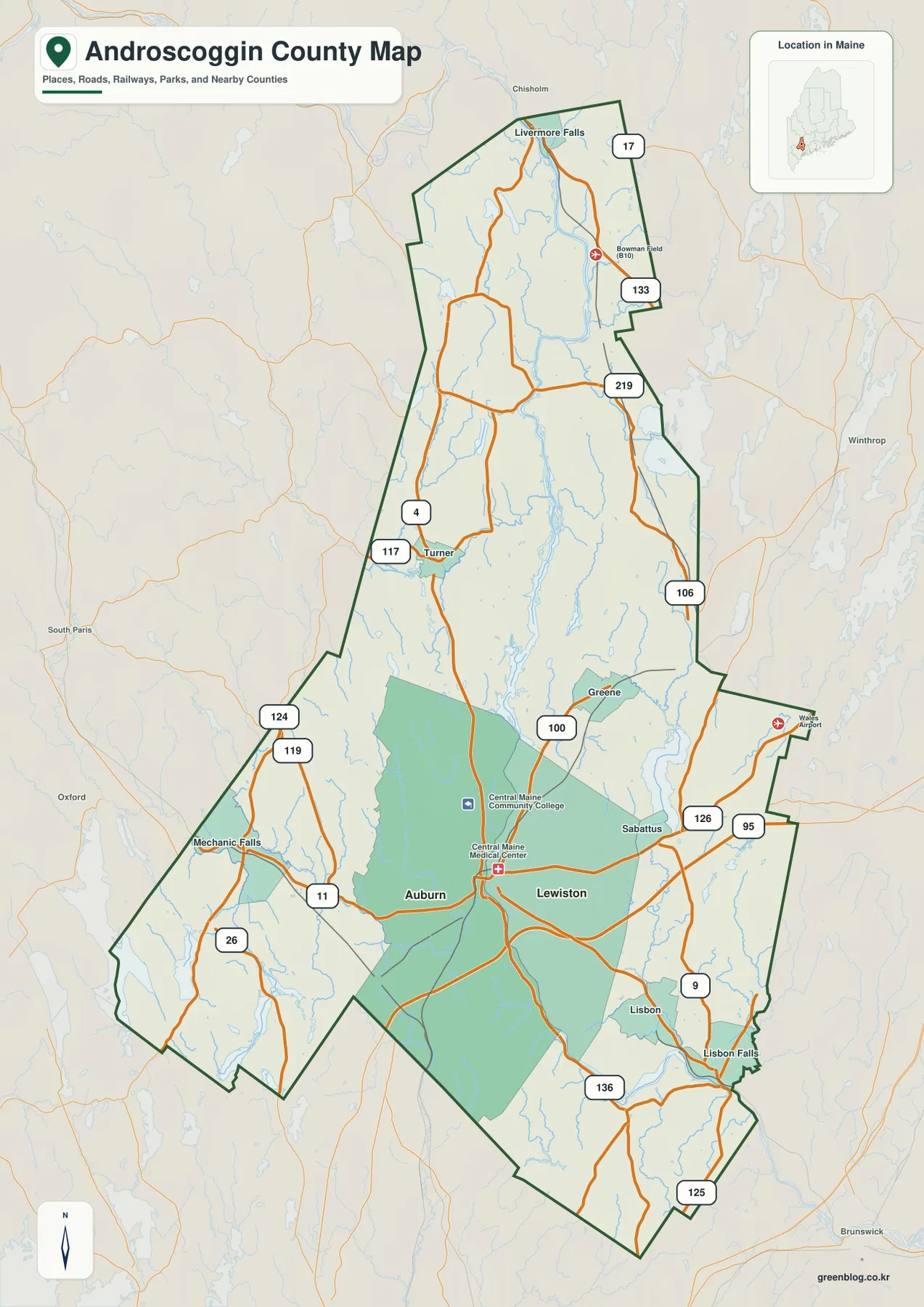 Androscoggin County map showing Lewiston, Auburn, Turner, Livermore Falls, Lisbon, major roads, and the county boundary