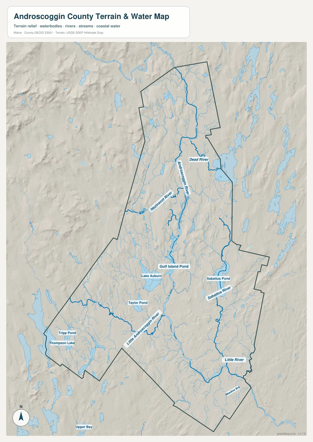 Androscoggin County terrain and water map showing the Androscoggin River, Nezinscot River, Dead River, Lake Auburn, Gulf Island Pond, and Sabattus Pond