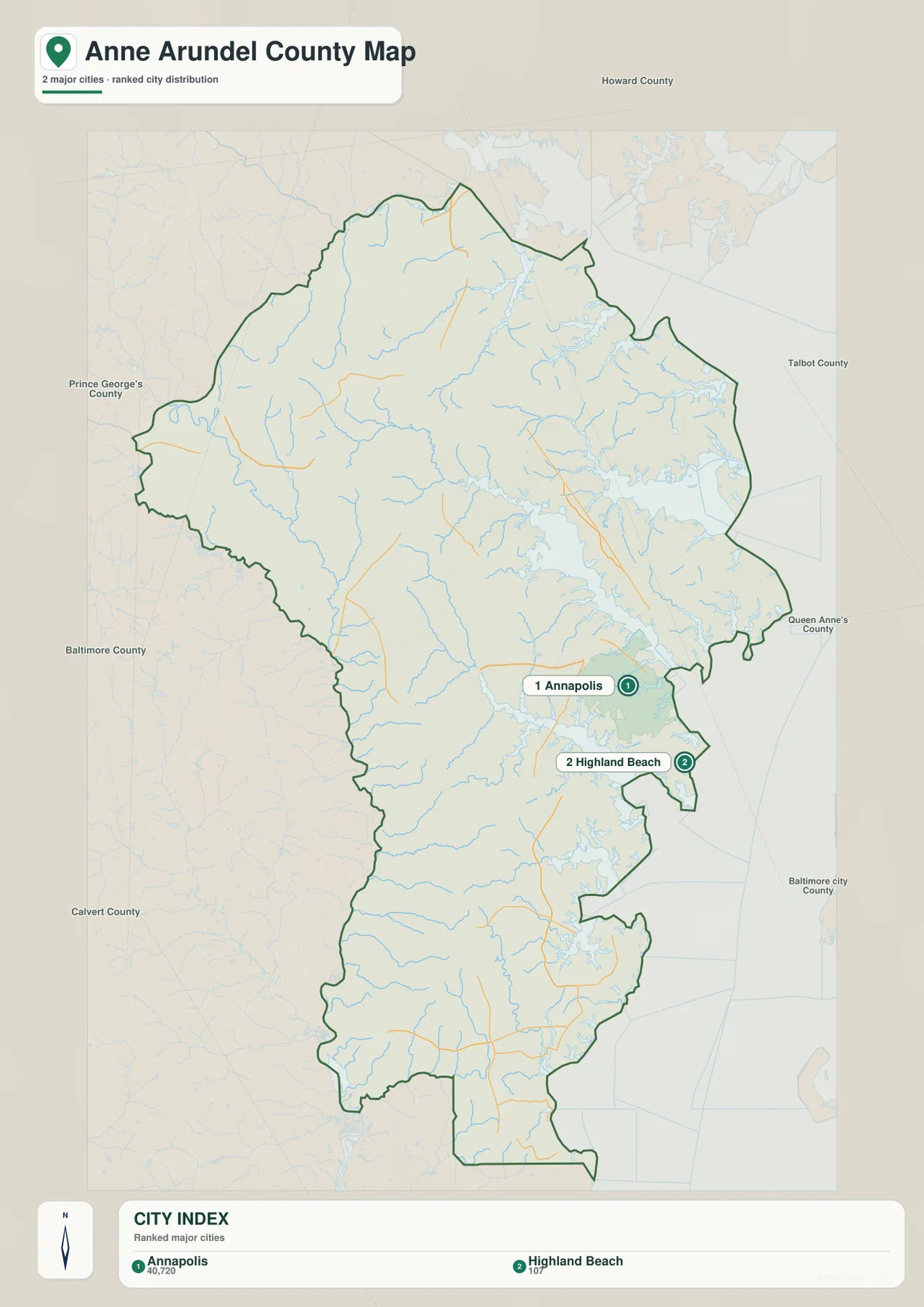 Anne Arundel County City Index에서 Annapolis가 1위, Highland Beach가 2위로 표시된 모습