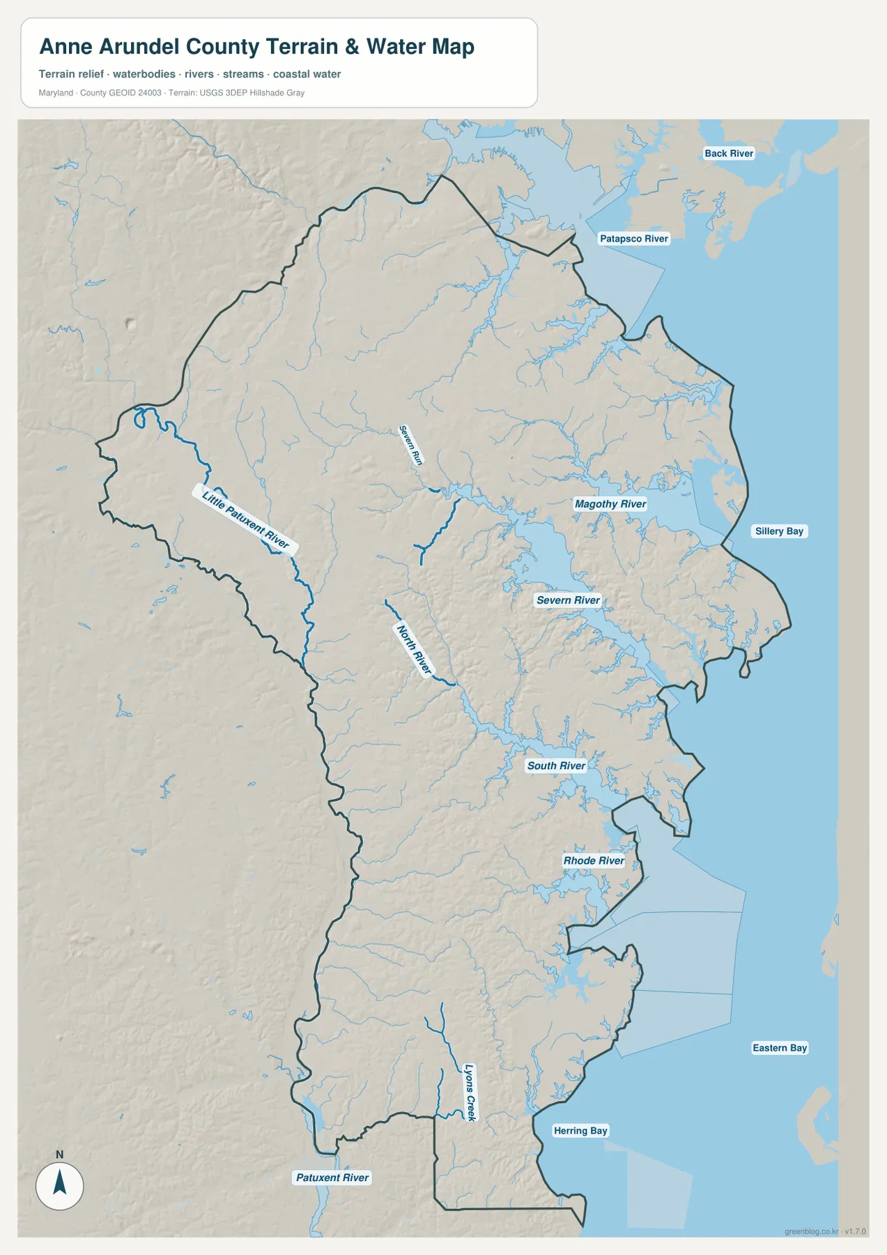 Anne Arundel County 수역 지도에 Patapsco, Magothy, Severn, South, Rhode, Patuxent River와 Chesapeake Bay 연안 수역이 표시된 모습