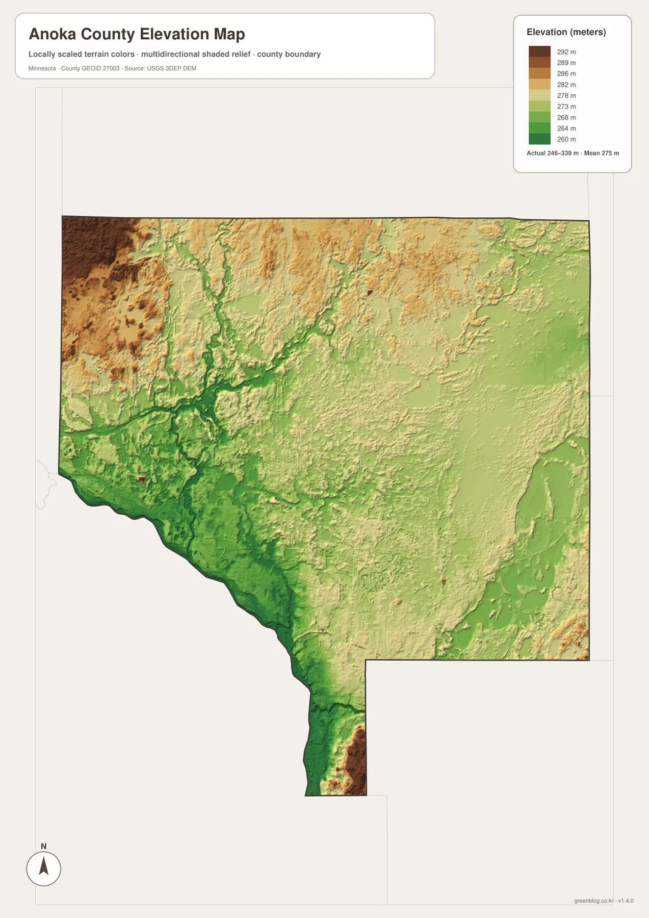 Anoka County elevation map showing the 246–339 meter range, lower Rum and Mississippi river corridors, northwestern high ground, and eastern lake basins