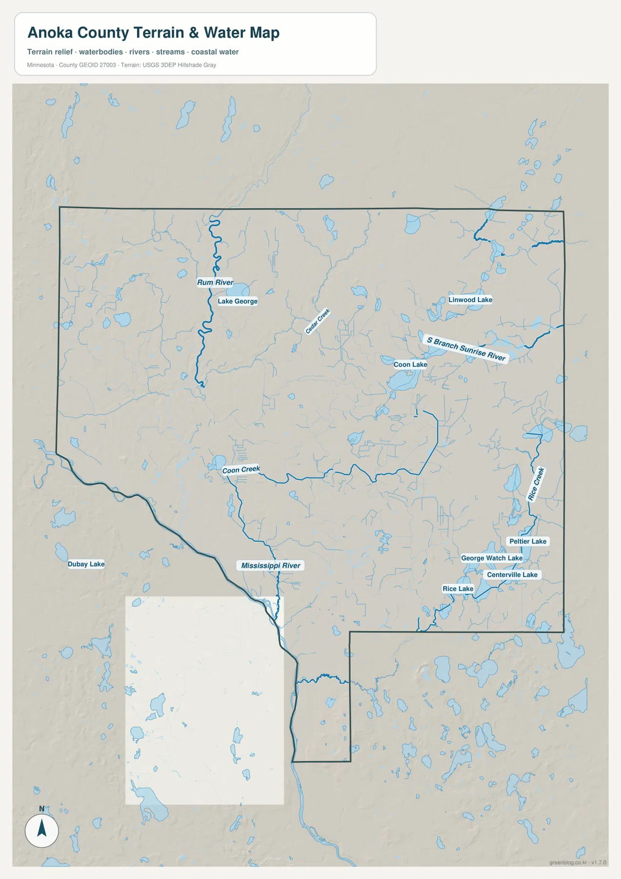 Anoka County water map showing the Rum River, Mississippi River, Coon Creek, Coon Lake, Linwood Lake, Rice Creek, and southeastern lakes