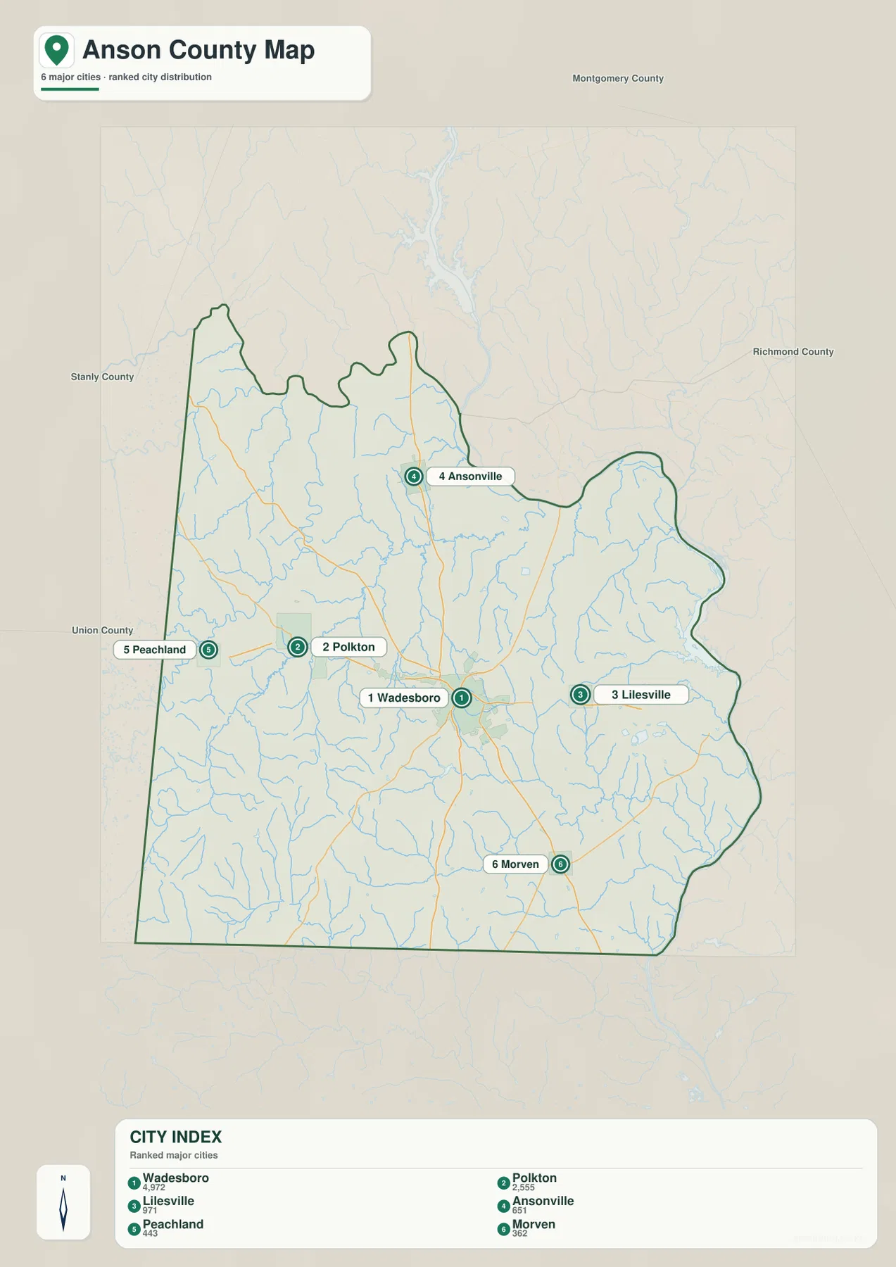 Anson County city map with Wadesboro Polkton Lilesville Ansonville Peachland and Morven